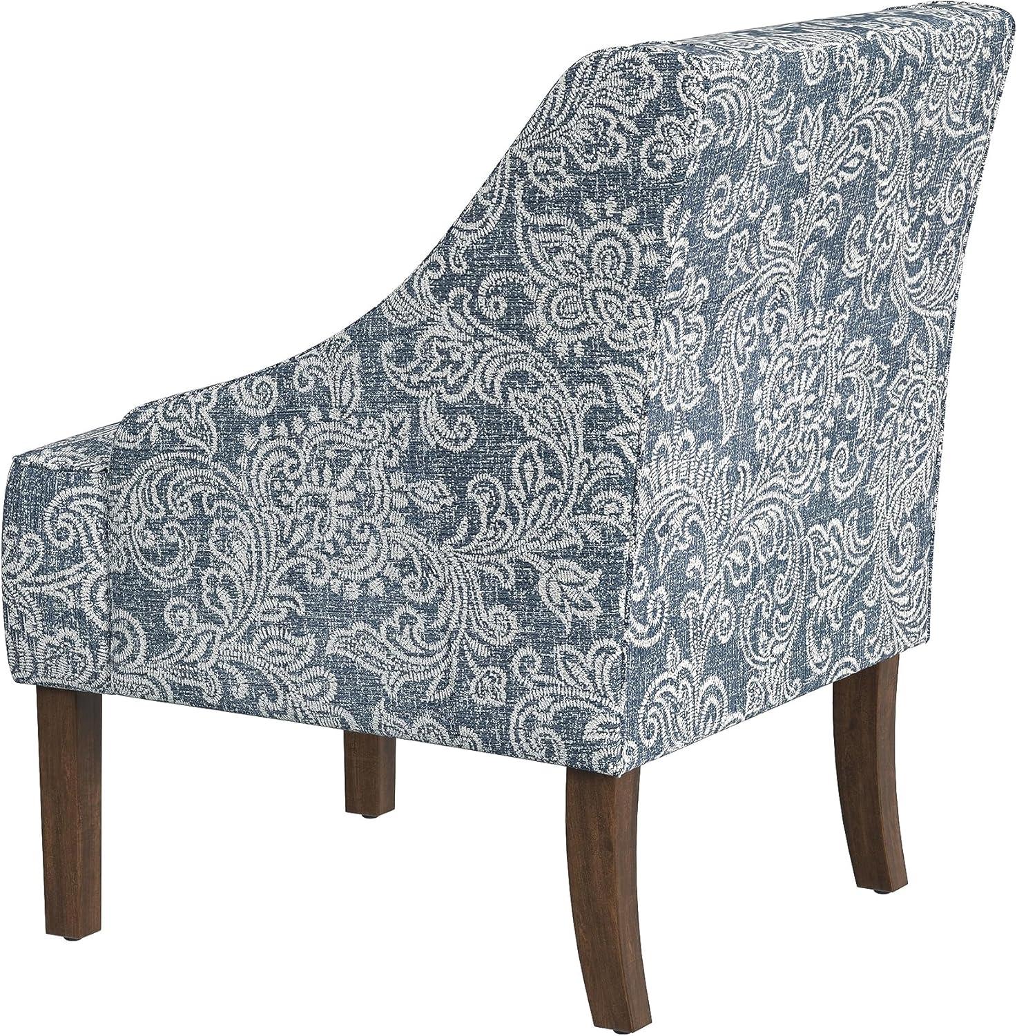 Blue Denim Jacobean Print Swoop Arm Accent Chair with Wood Legs