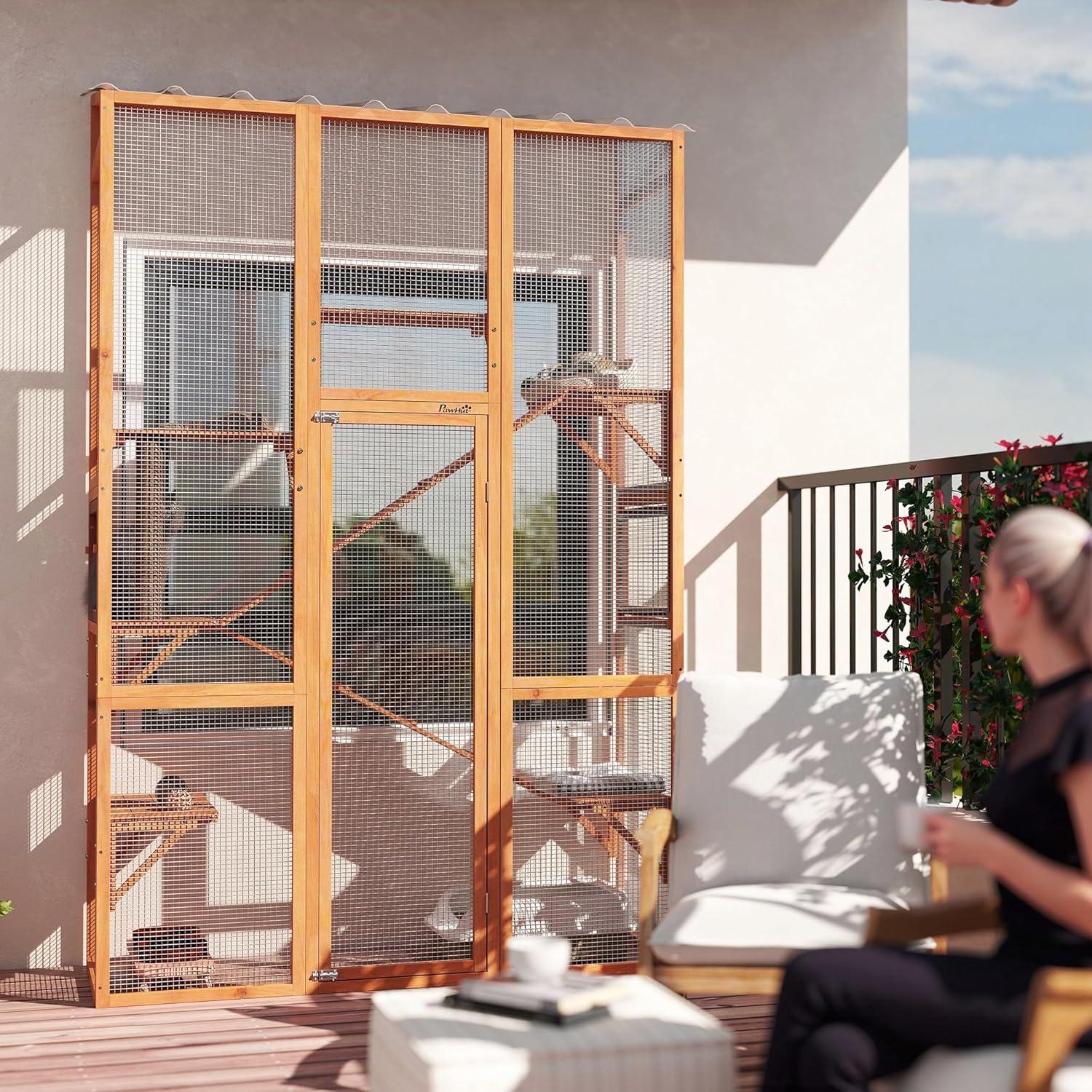 PawHut Outdoor Catio Cat Enclosure, Large Wooden Cat House with 6 Jumping Platforms, Scratching Post, 2 Ramps, Waterproof Roof, for 2-3 Kittens