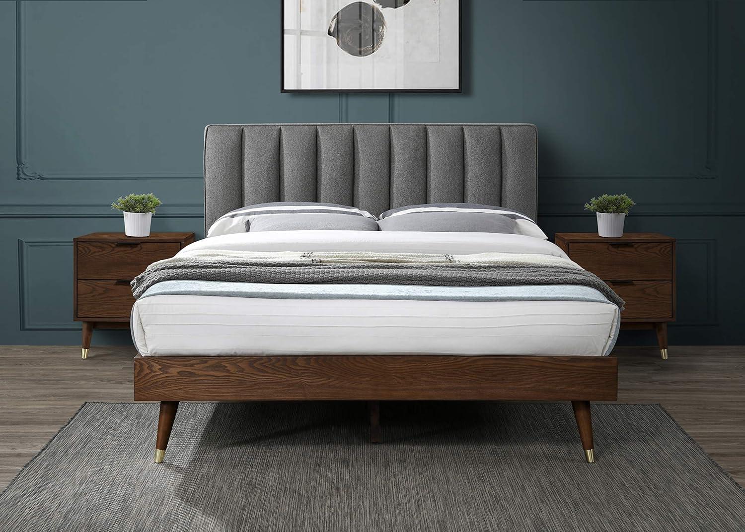 Elegant Vance Grey Linen Queen Bed with Tufted Wood Frame