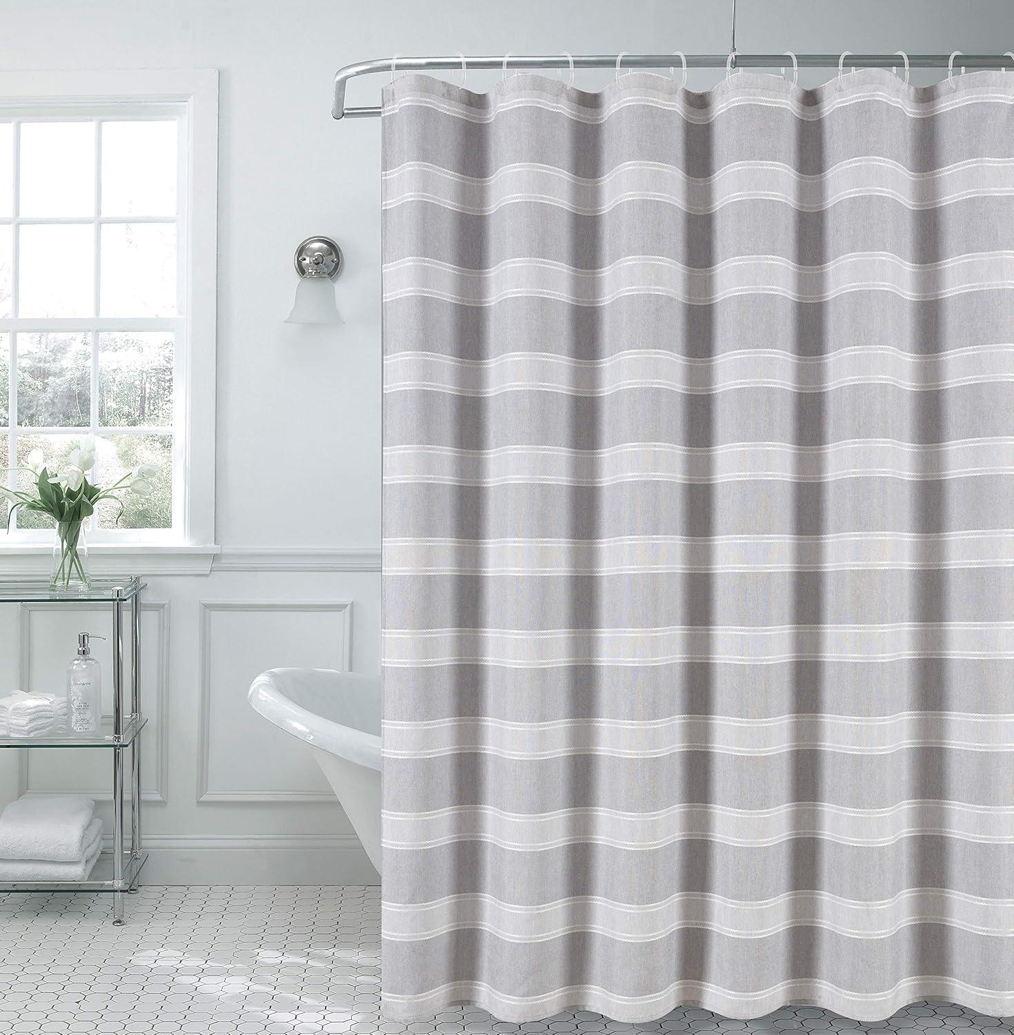 Dainty Home Madison Striped Textured Embossed Weaved Striped Cotton Feel Designed Fabric Shower Curtain 70W x 72L in Silver