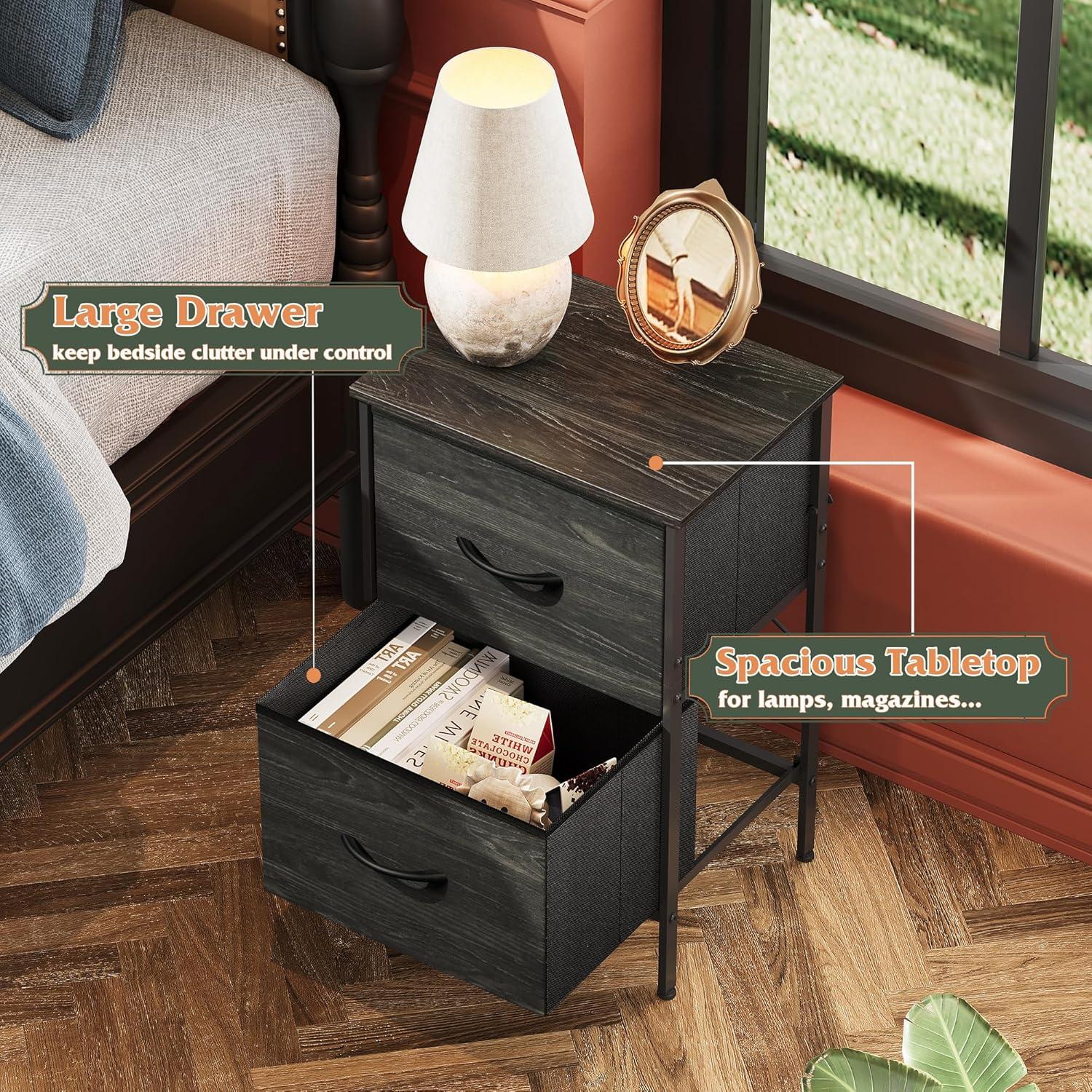 Black Fabric 2-Drawer Nightstand with Steel Frame