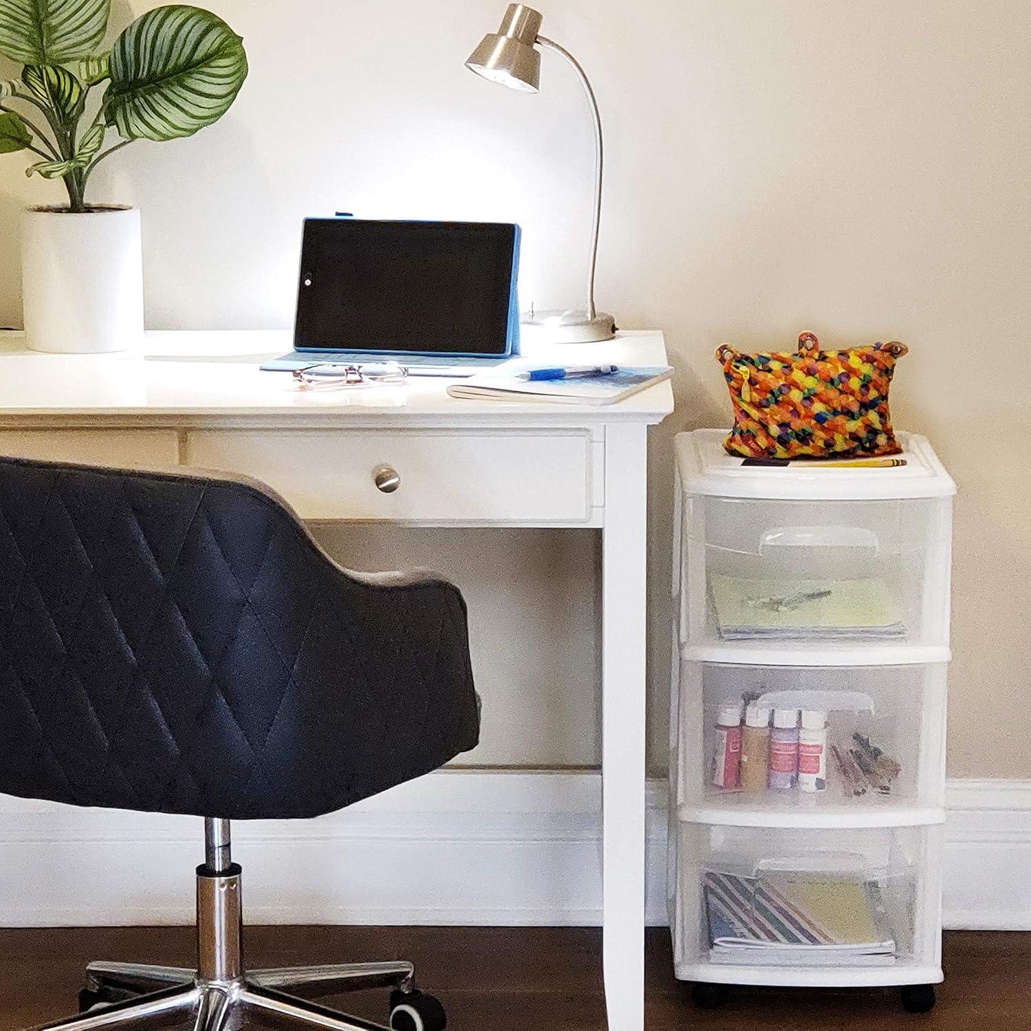 HOMZ Drawer Tower, 3-Tier Clear Plastic Storage Organizer Cart, White Frame - Heavy-Duty Organizing Drawers for Home, Bedroom, and Closet Organization