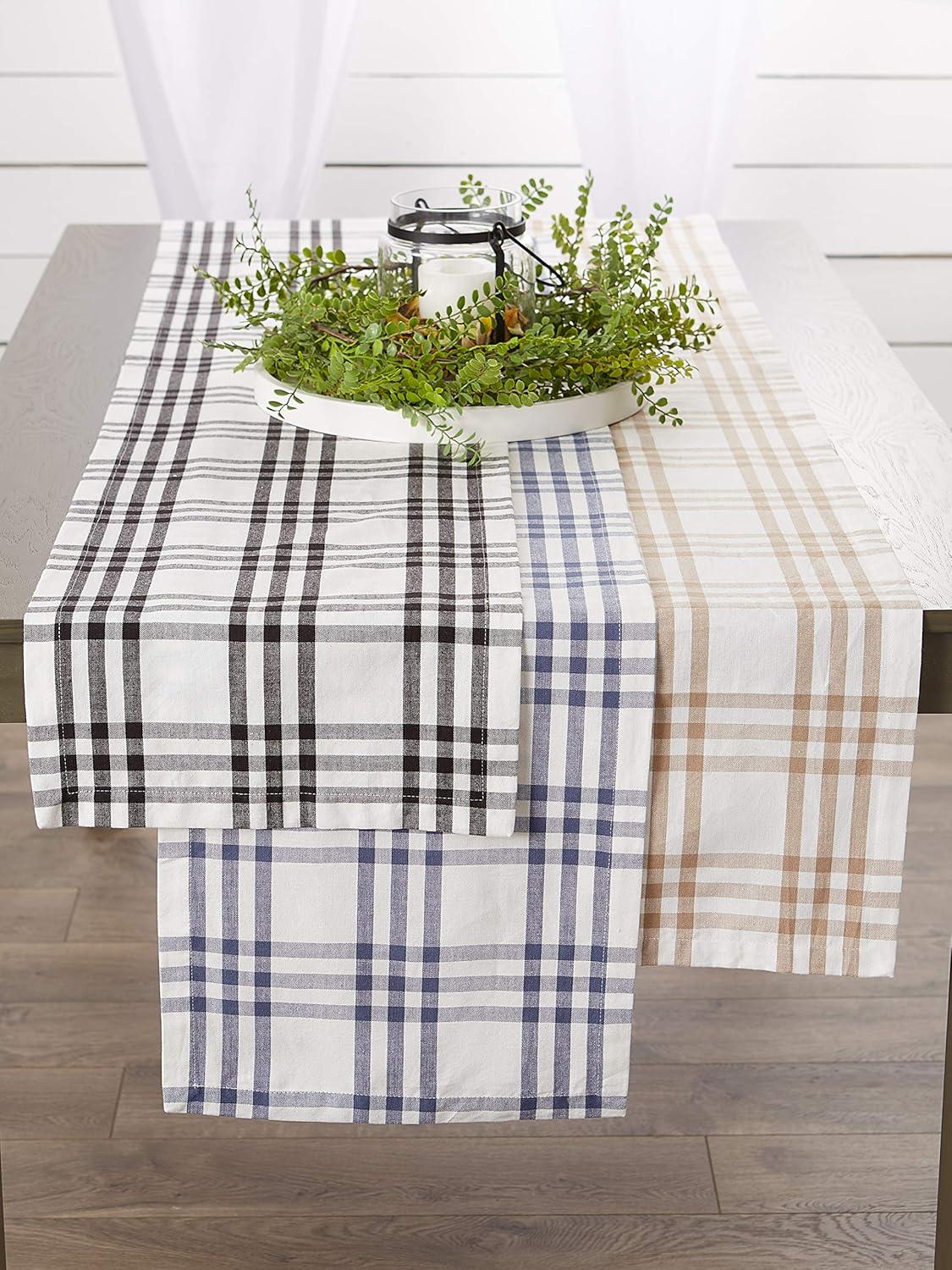 Beige and White Cotton Plaid Table Runner 14x72