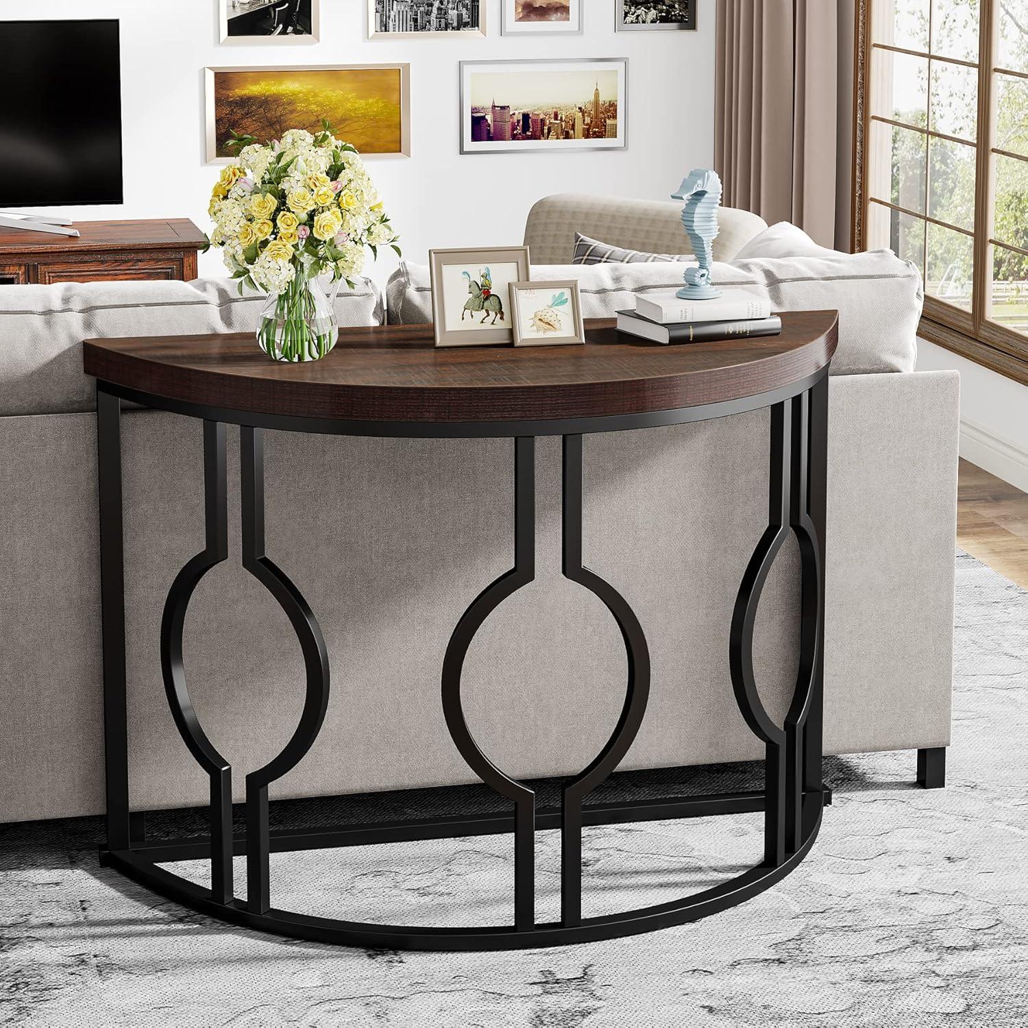 Rustic Brown and Black Demilune Wood and Metal Console Table