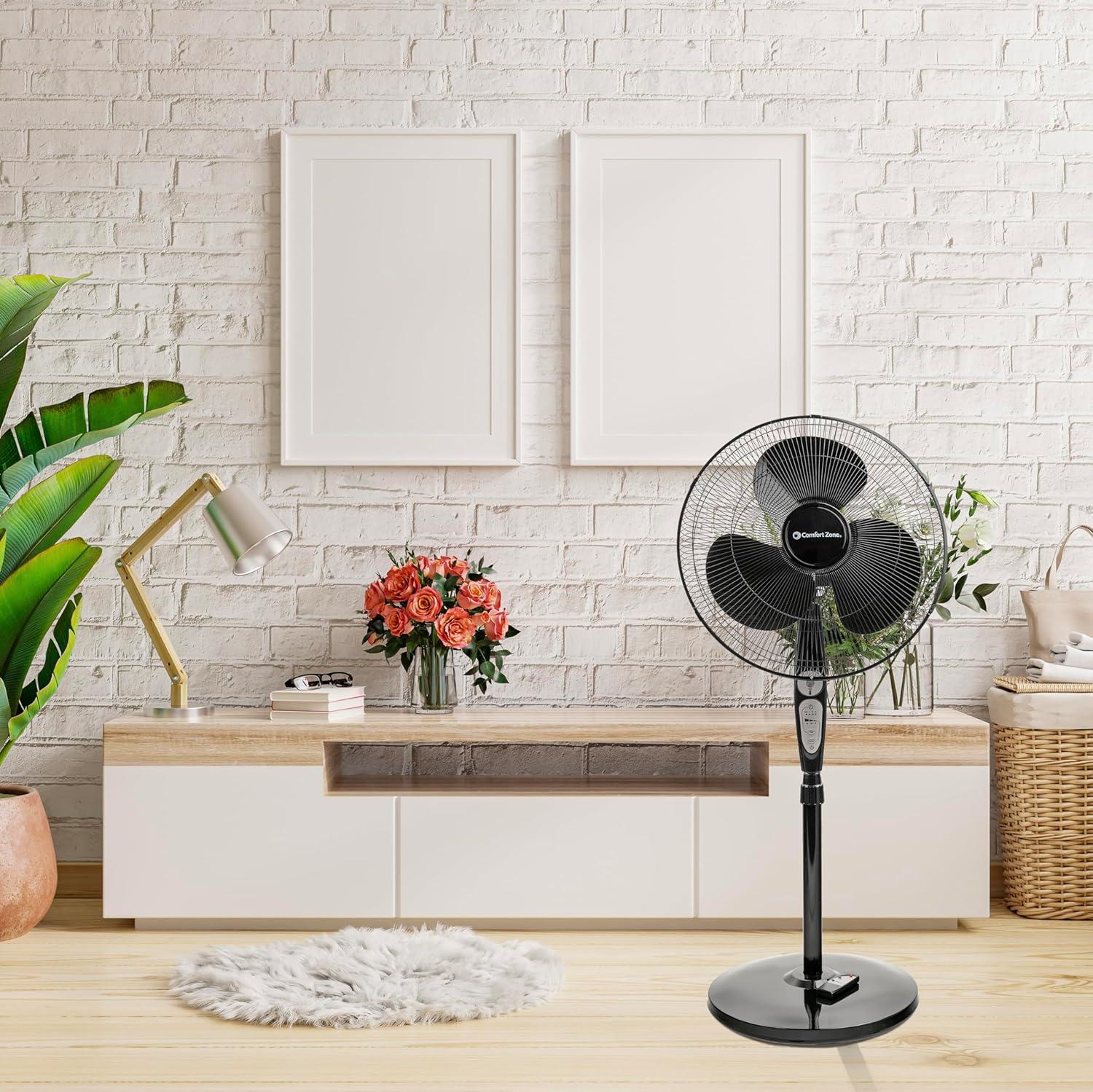 Comfort Zone 18” 3-Speed Oscillating Pedestal Fan with Remote Control, Adjustable Height, Adjustable Tilt, and Built-in Timer for Auto Shutoff, Black