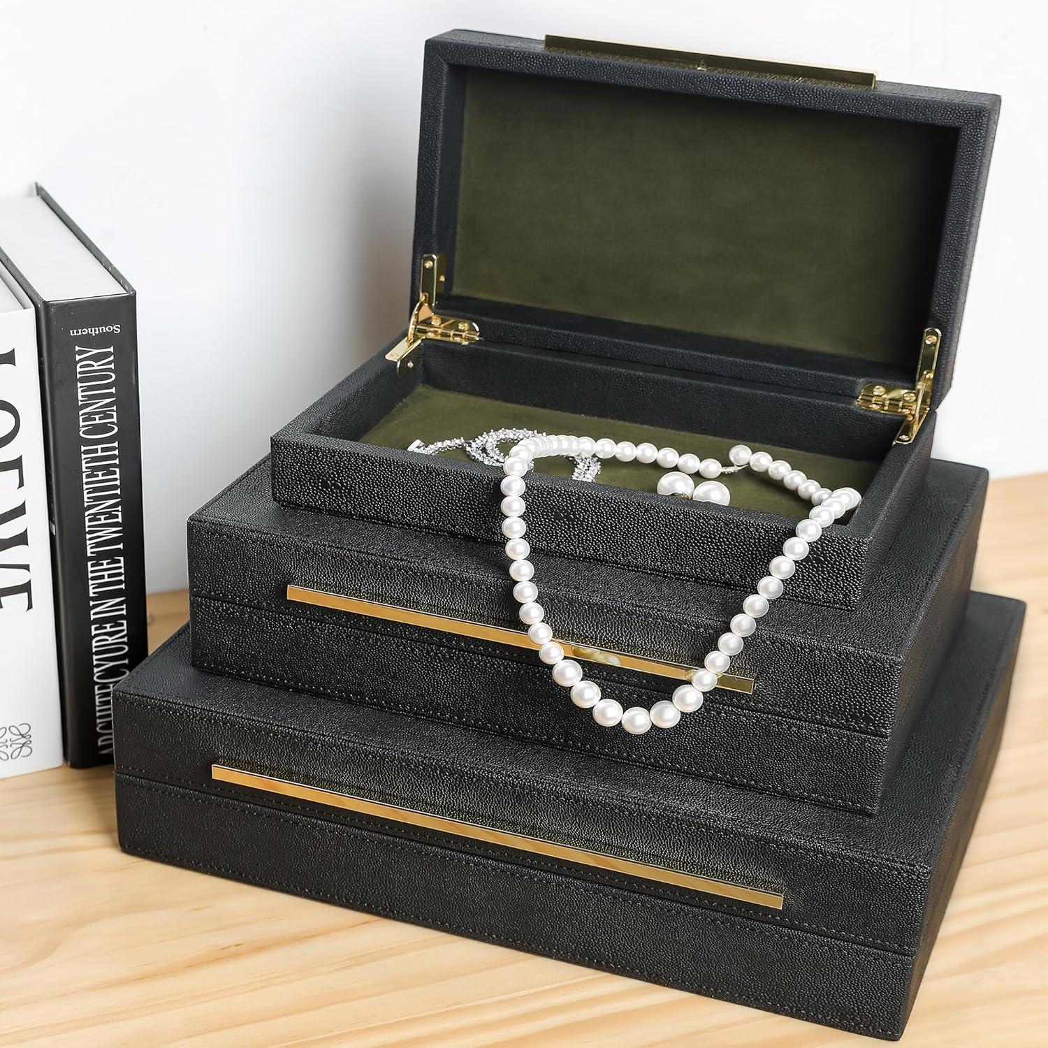 Faux  Leather Decorative Jewelry Storage Nesting Organizer Boxes with Lids Gold Handle Set of 3, Black