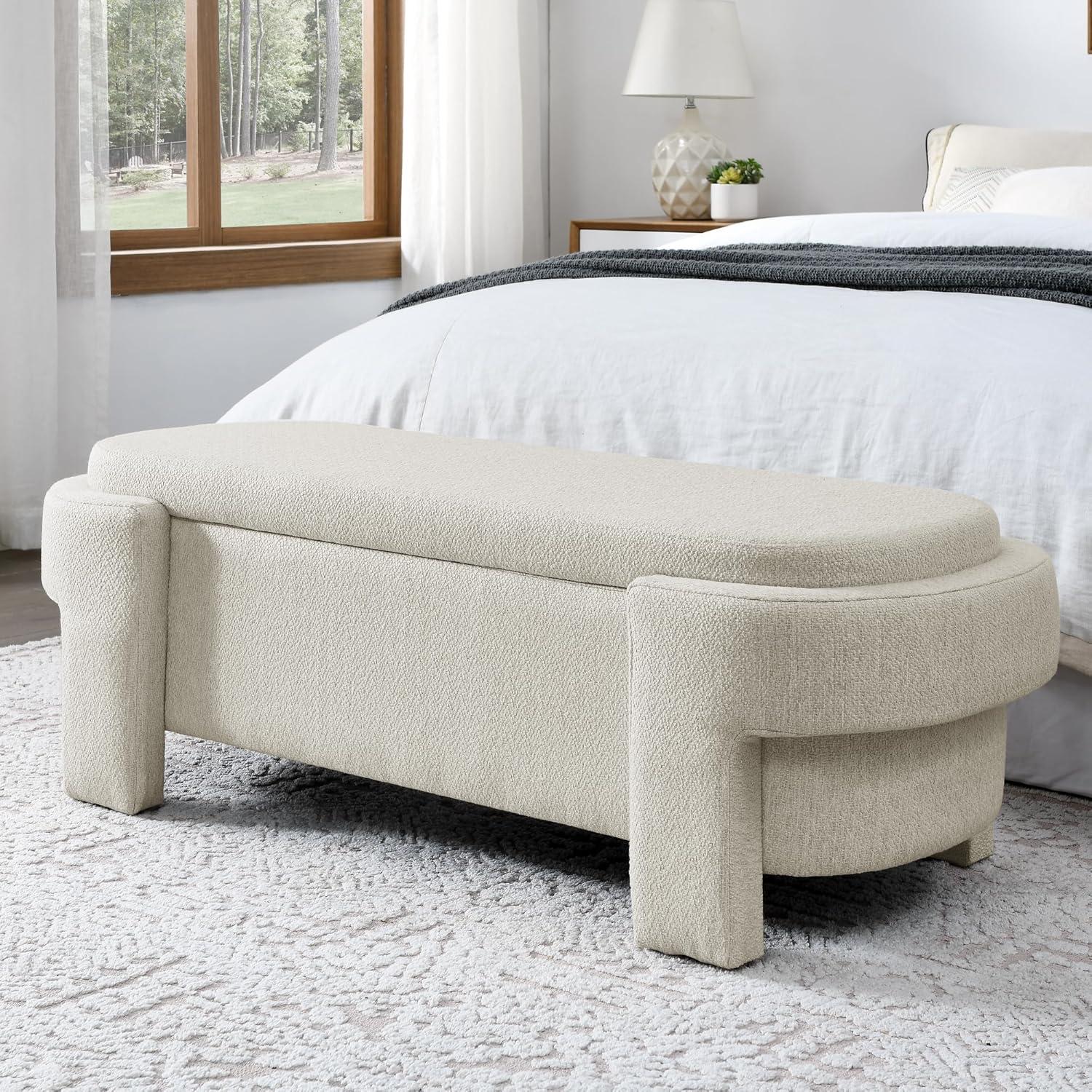 Beige Upholstered Oval Storage Bench with Wood Legs