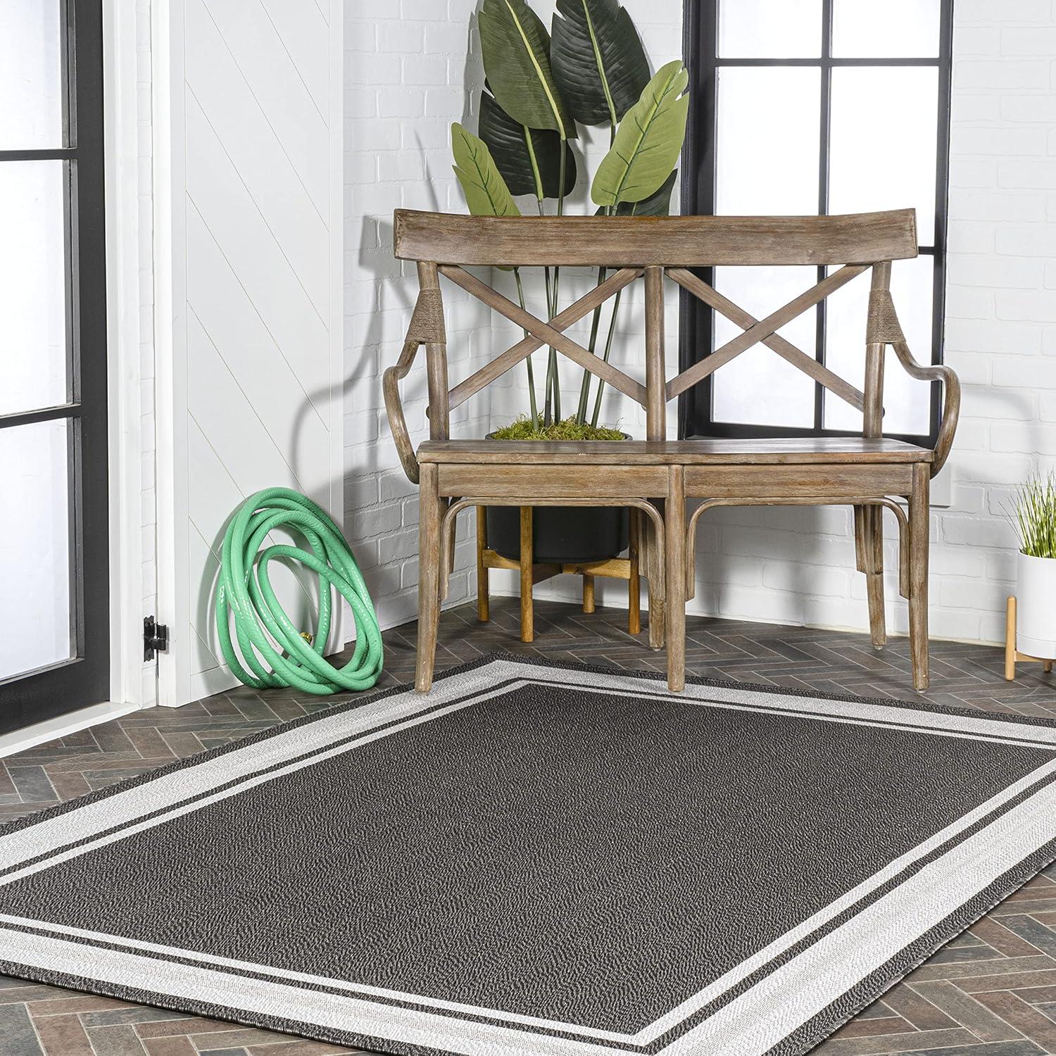 5' x 8' James Modern Border Stripe Indoor/Outdoor Area Rug, Black/Cream - JONATHAN Y