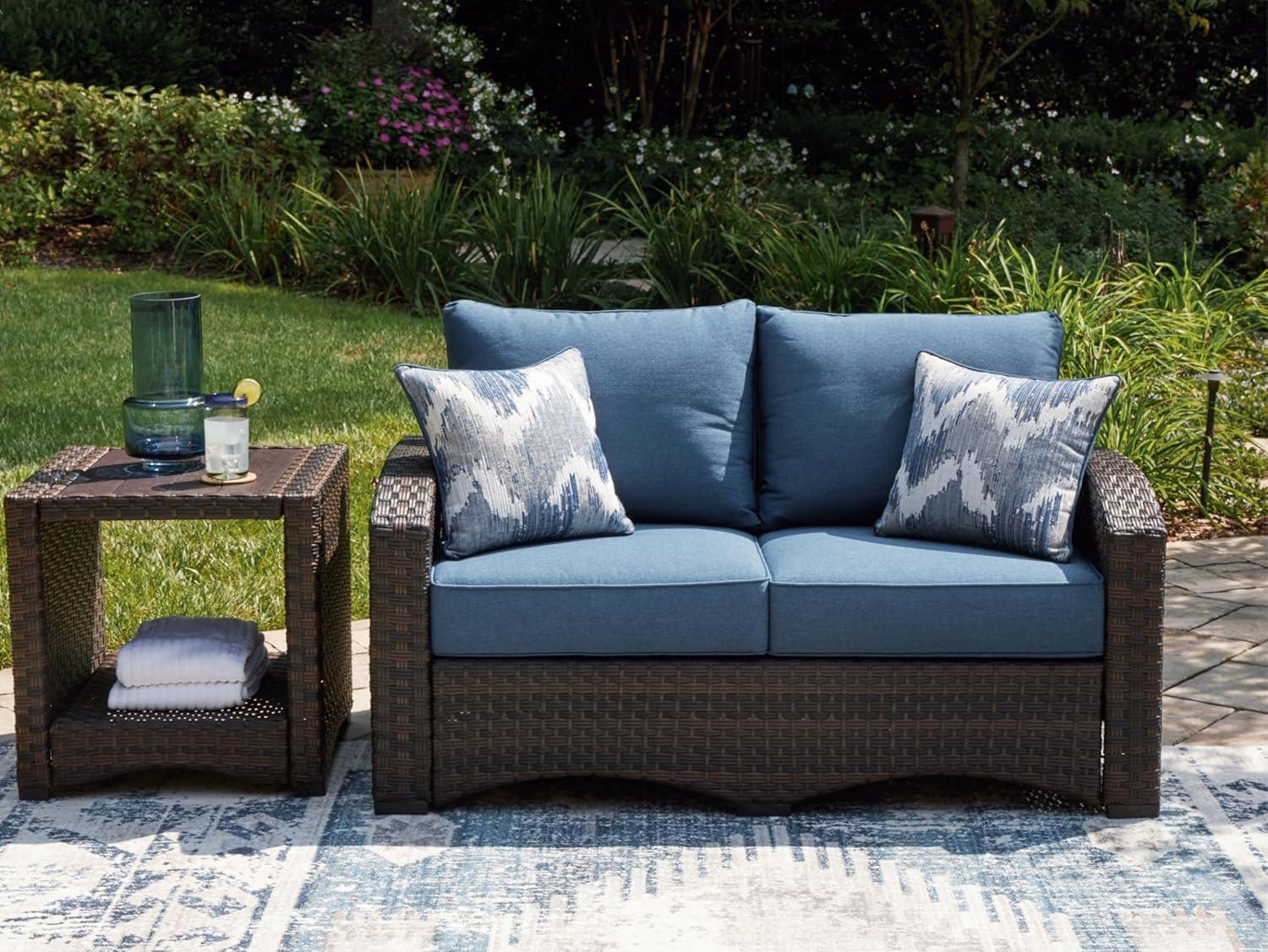 Signature Design by Ashley Windglow Outdoor Wicker Loveseat with Cushion, Blue/Brown