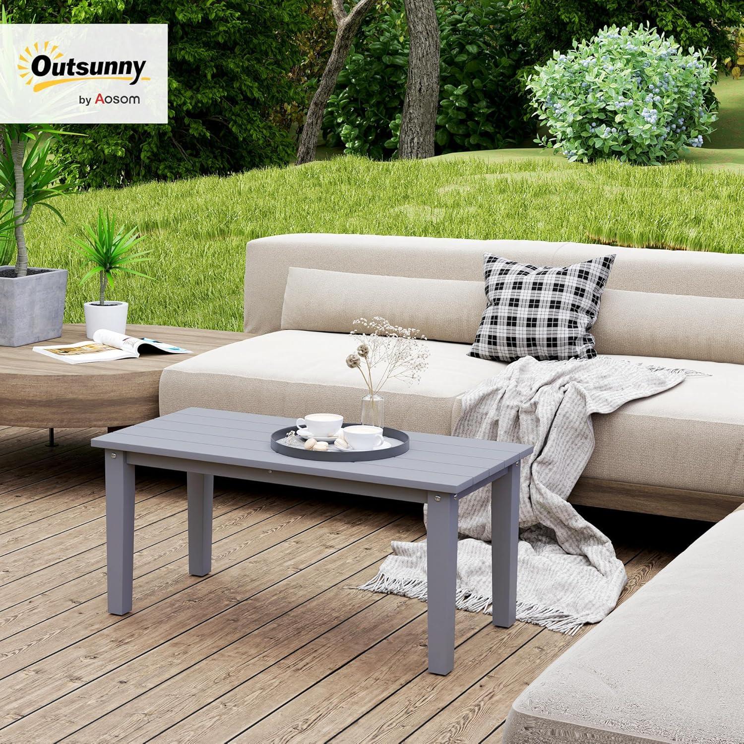 Outsunny HDPE Outdoor Coffee Table, Rectangle All-Weather Patio Coffee Table, Slatted Outdoor Patio Table for Garden, Balcony, Backyard, Gray