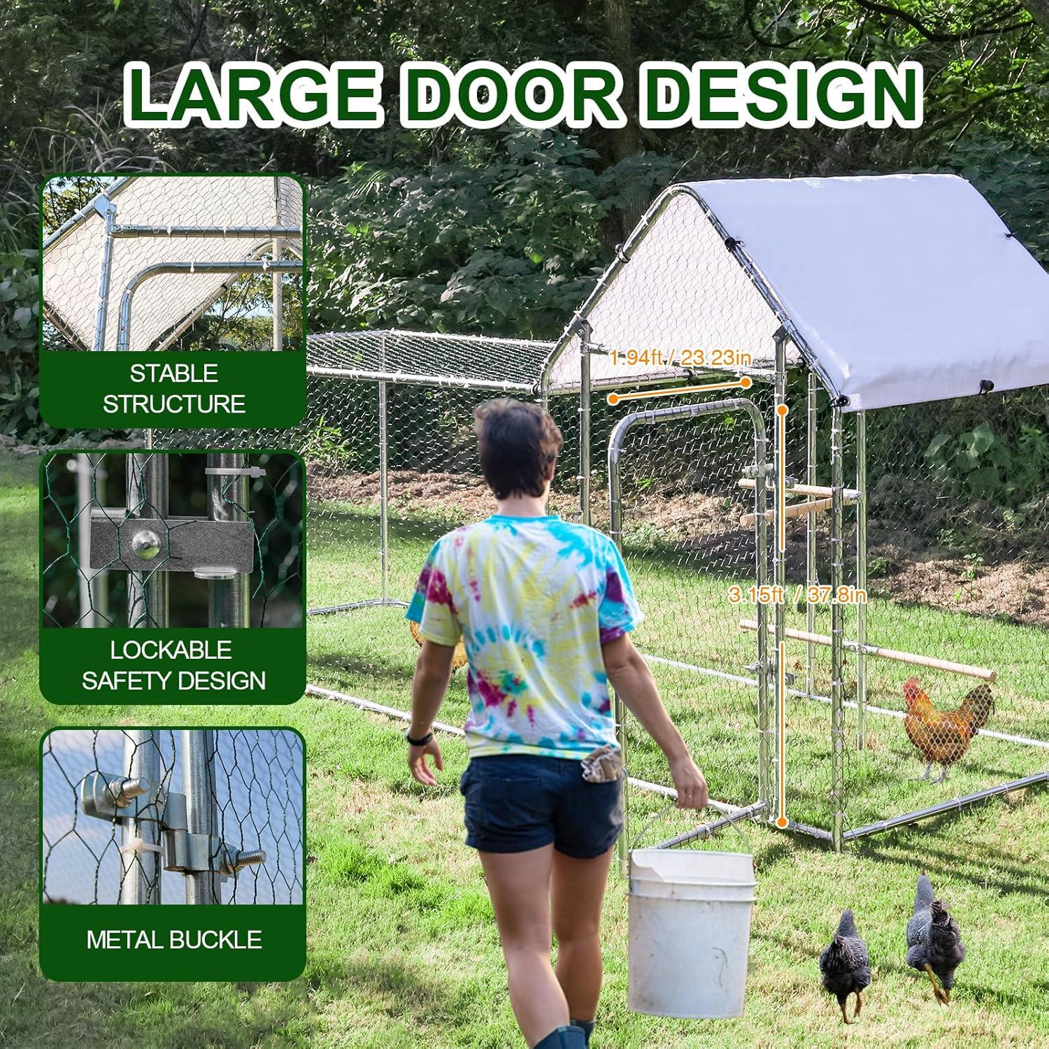 Large Metal Chicken Coop Run, Outdoor Walk-in Poultry Cage with Spire Roof, for Hen House, Duck Coop and Rabbit Run, Silver (9.8' L x 3.28' W x 4.92' H)