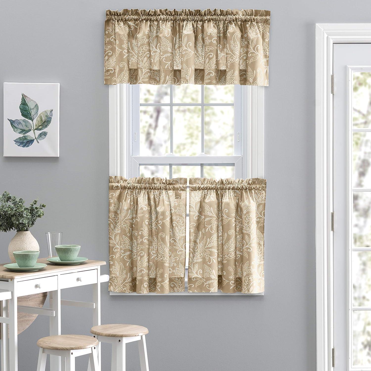 Tan Leaf Pattern Poly-Cotton Rod Pocket Curtain Tiers