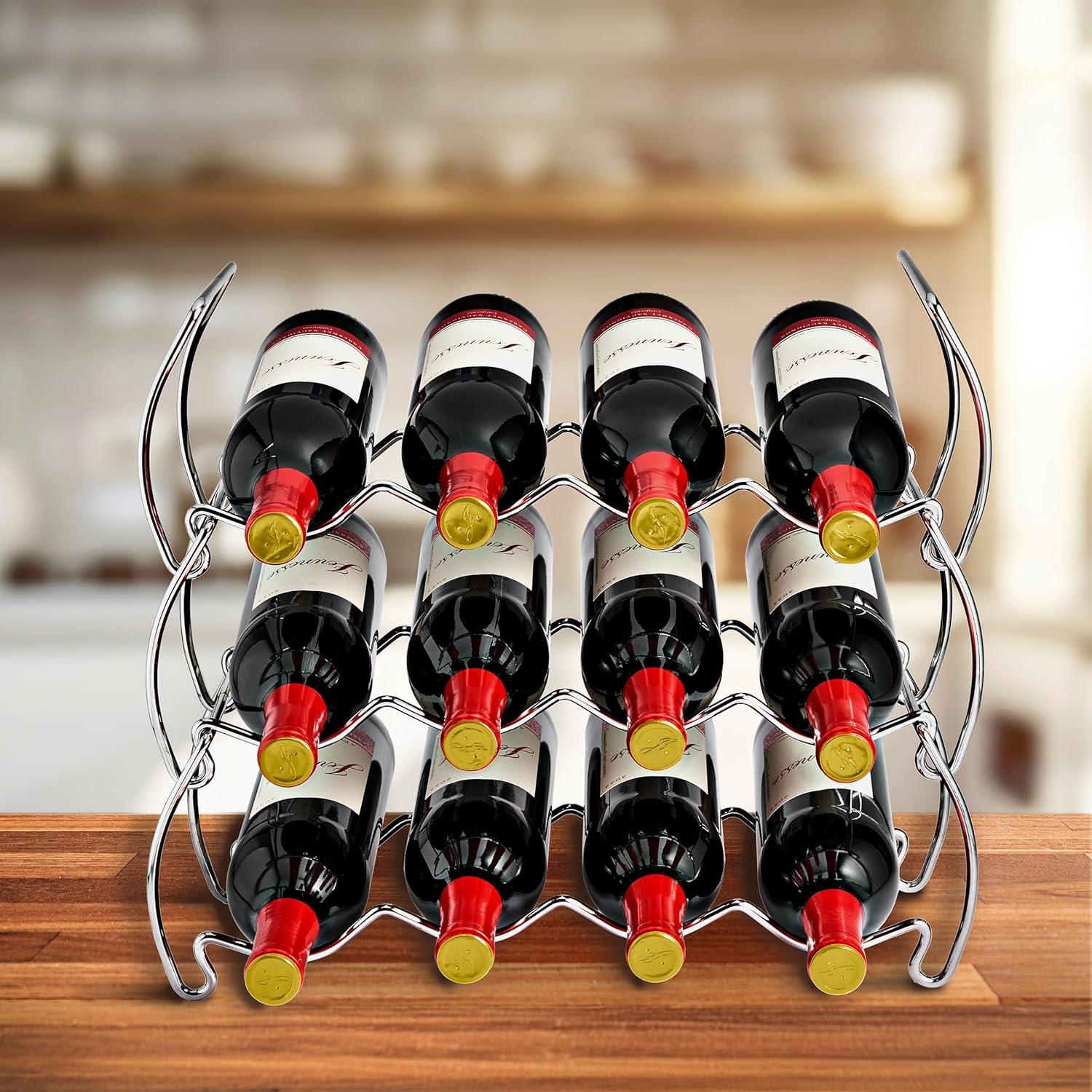 Silver 3-Tier Stackable Metal Wine Rack for 12 Bottles