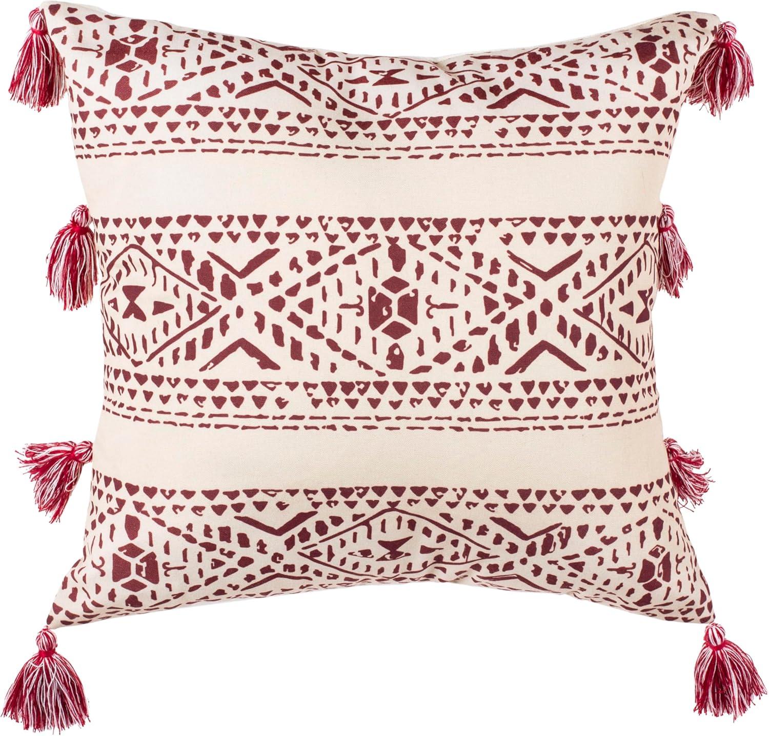 SAFAVIEH Landria 16" x 16" Southwestern Plush Pillow with Fringe, Beige/Red