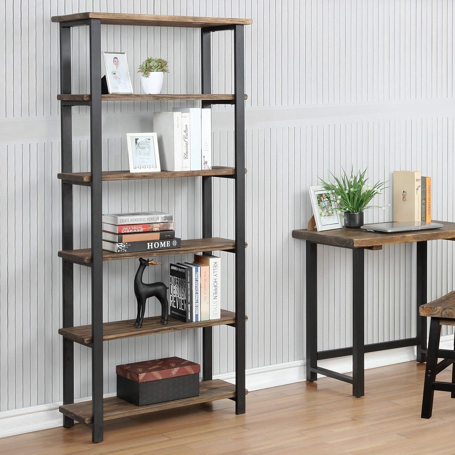 Modern Farmhouse 71" Black Pine Wood Bookcase with Metal Legs