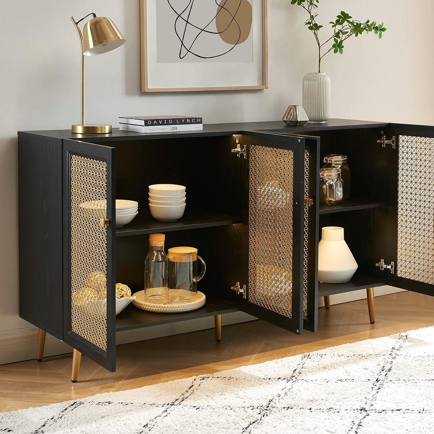 61.7''W Four Door Wood Buffets and Sideboards Storage Cabinet with LED Light Black