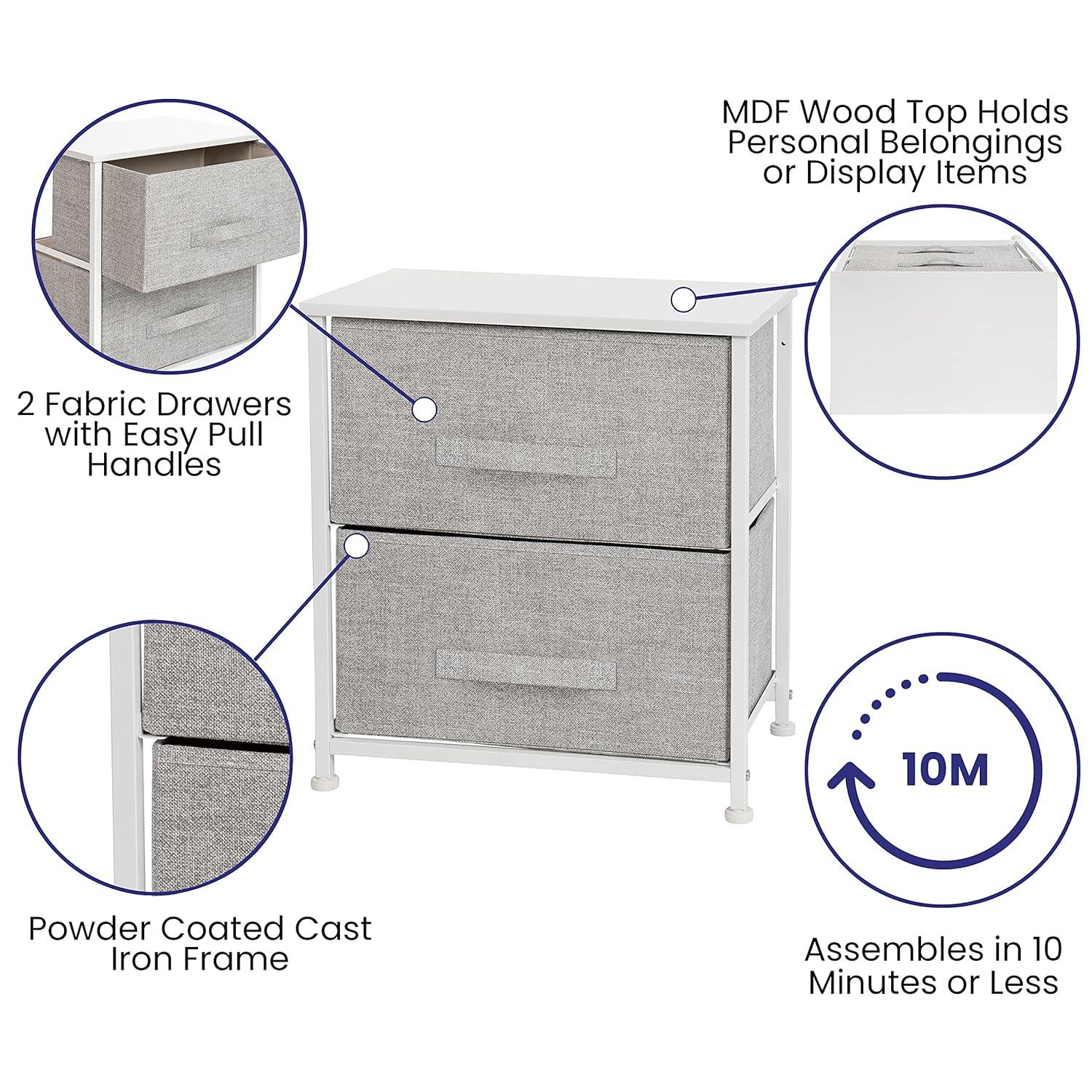 Flash Furniture Malone 2 Drawer Storage Stand with Wood Top & Fabric Pull Drawers