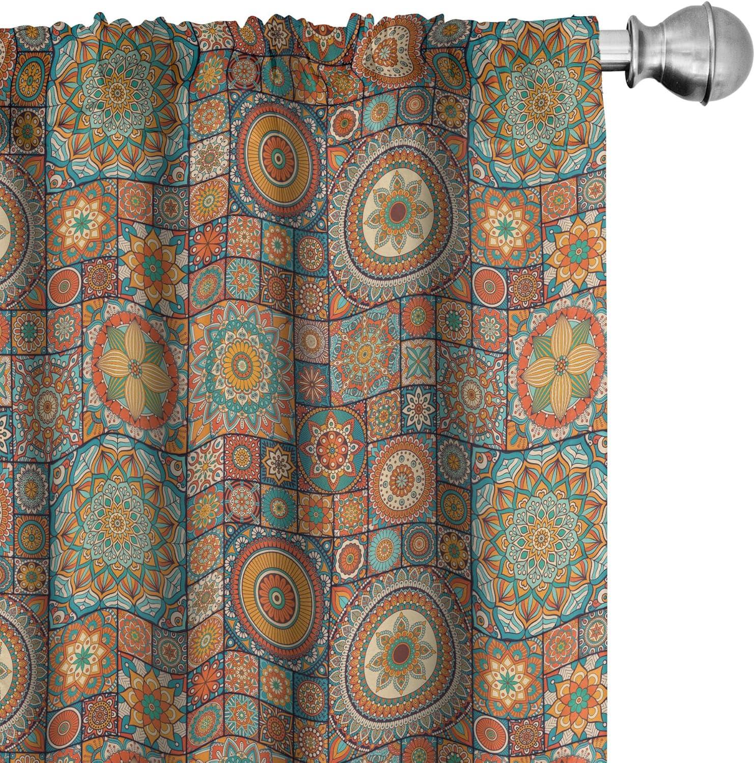 Turquoise Orange Mosaic Polyester Room Darkening Curtain Panels