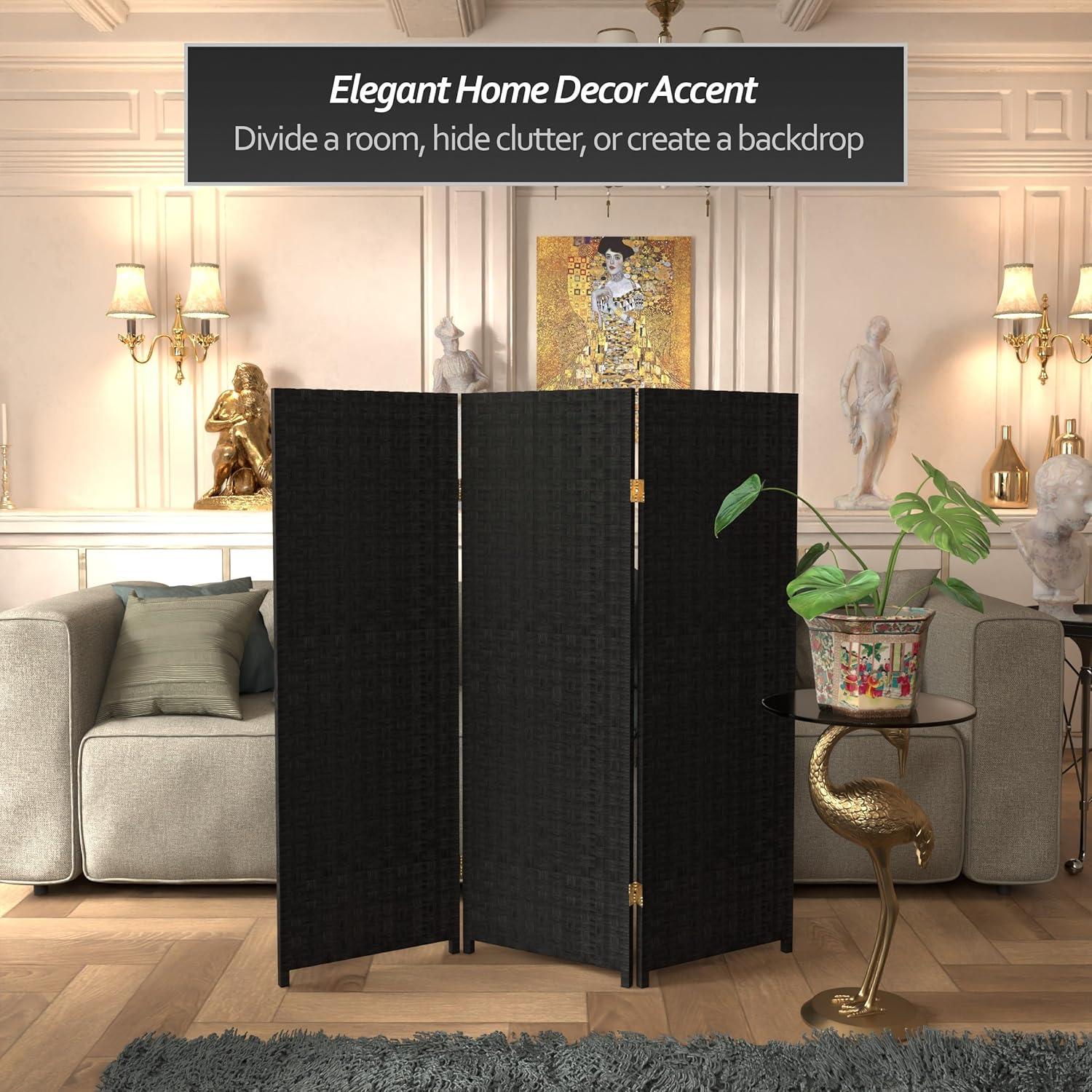 4 ft. Tall Woven Fiber Room Divider - Black (3 Panels) - Oriental Furniture: Rattan-Style, Privacy Screen