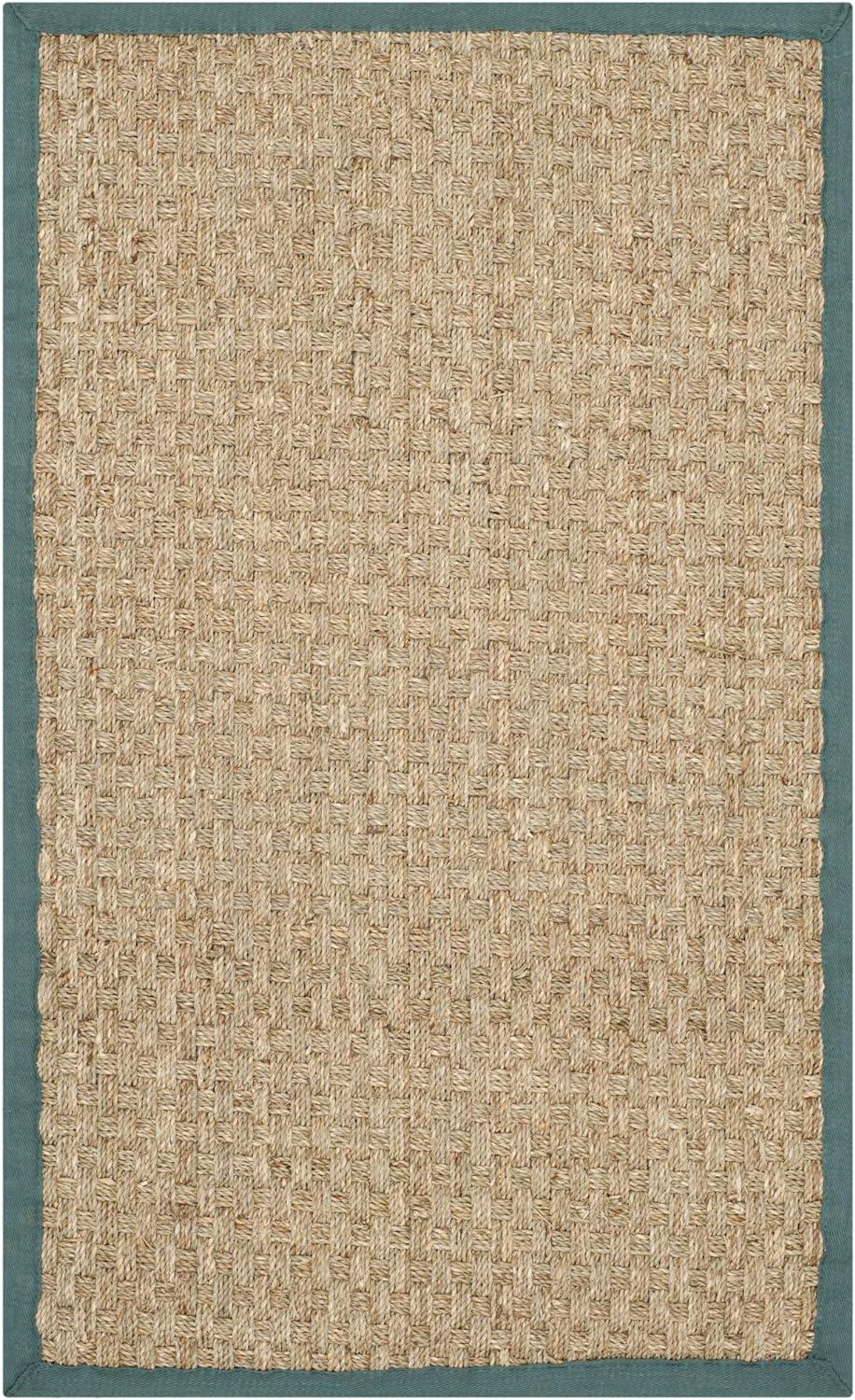 Natural and Light Blue Cotton Border Area Rug, 6' x 9'