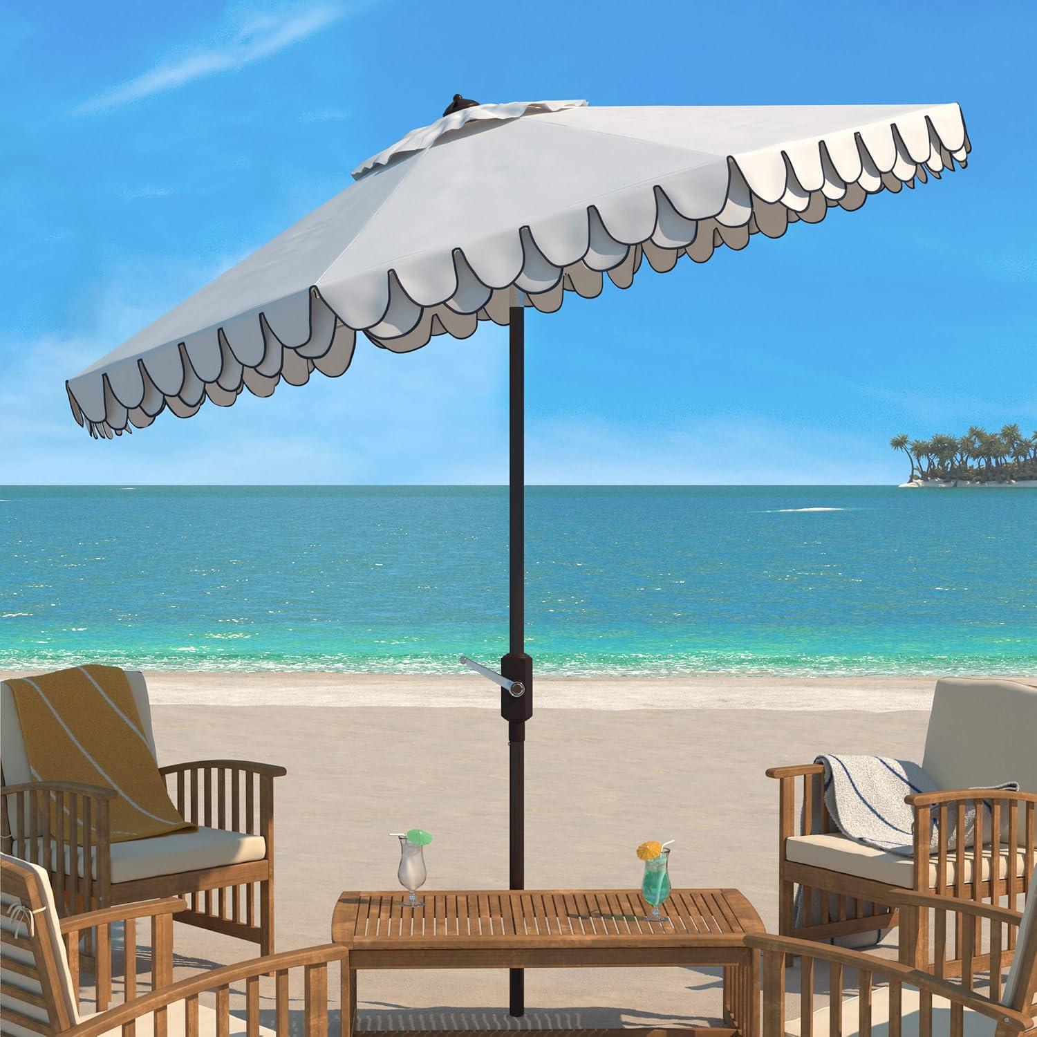 UV Resistant Elegant Valance 9Ft Auto Tilt Umbrella - PAT8006 - Ivory/Navy - Safavieh