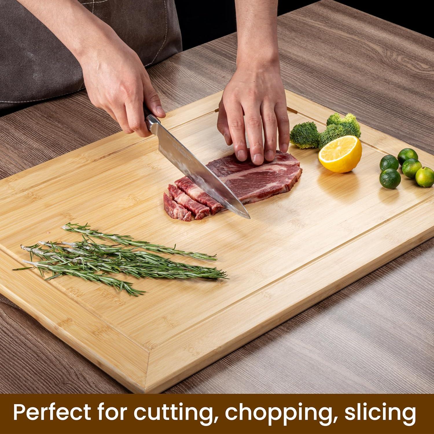 2024 New 24 Inch Extra Large Bamboo Cutting Board for Kitchen, Heavy Duty Wood Kitchen Stovetop Cover Chopping Board with Side Handles and Groove, 100% Organic Bamboo