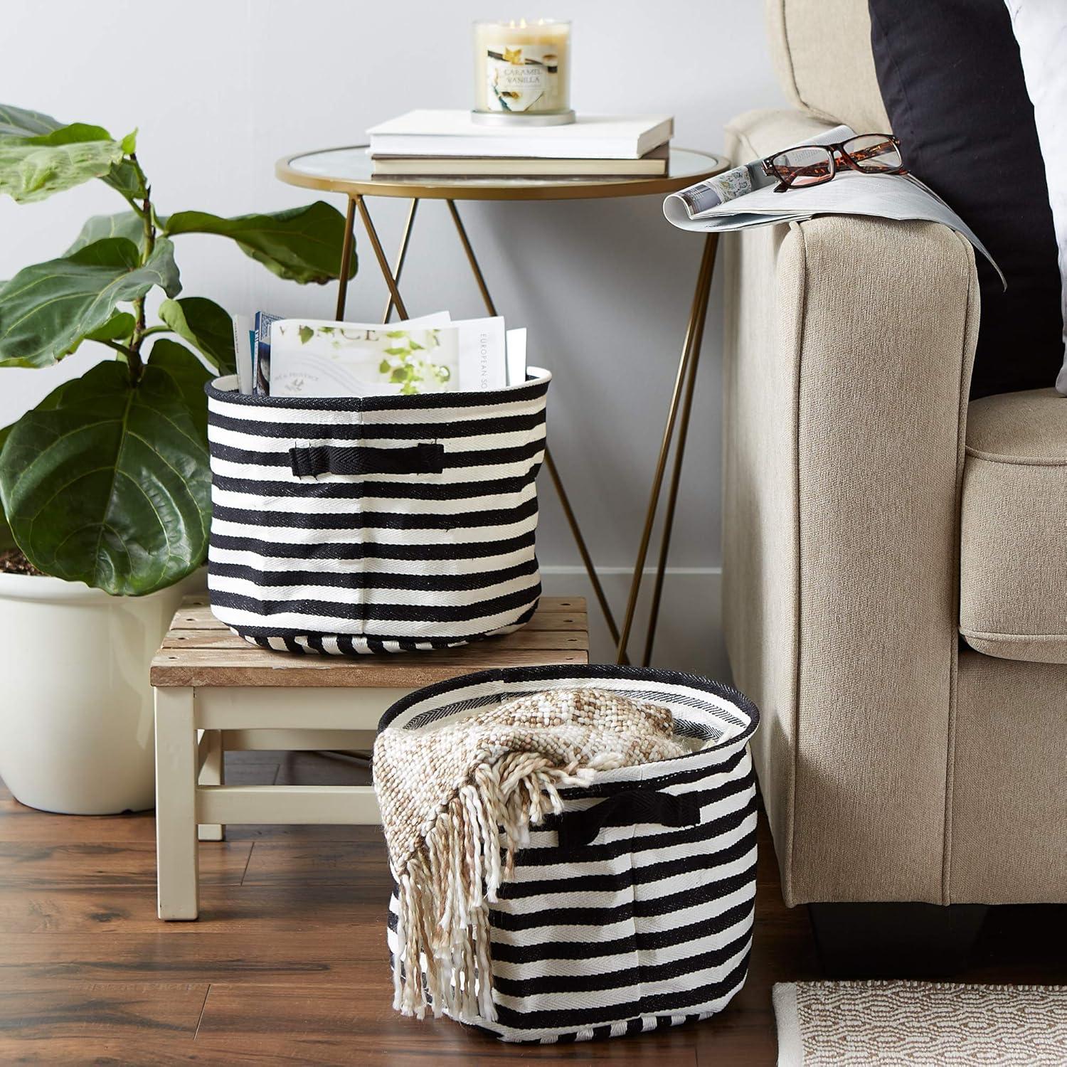 DII Cabana Stripe Laundry Collection, Waterproof Hamper, Medium Round, 12x9.5", Black, 2 Piece