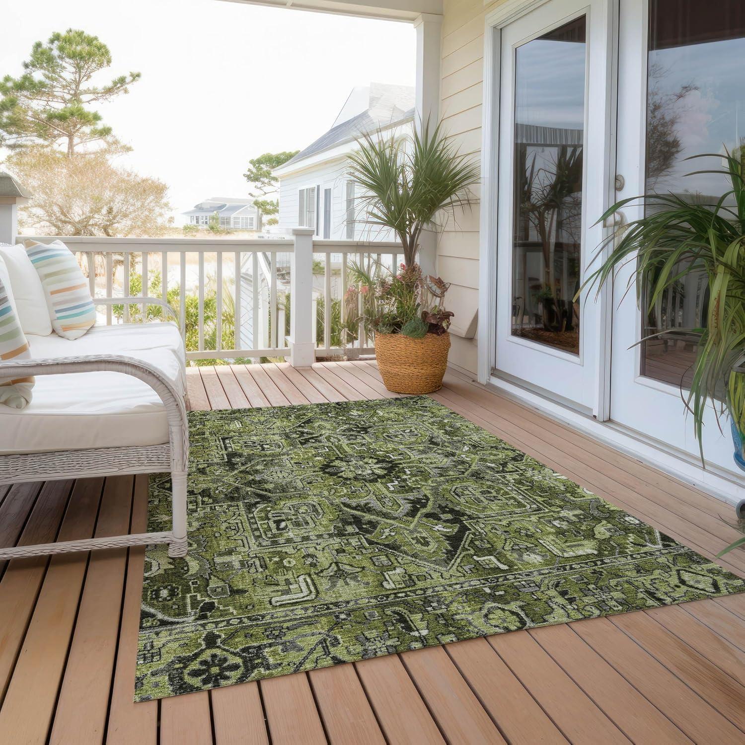 Olive Rectangular Synthetic Oriental 10' x 14' Washable Area Rug