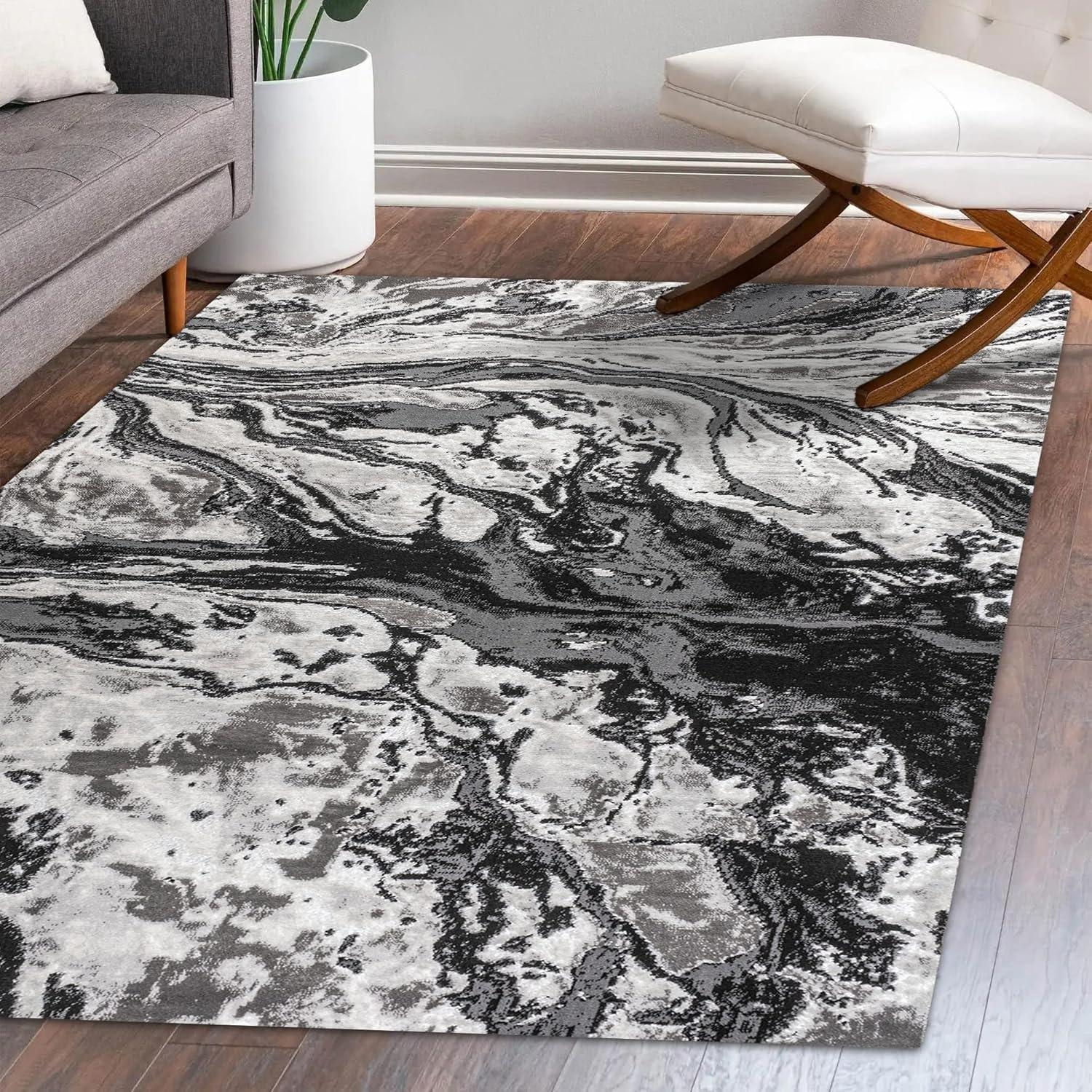 Abstract Swirl Marbled Black/Ivory 3x5 Synthetic Area Rug