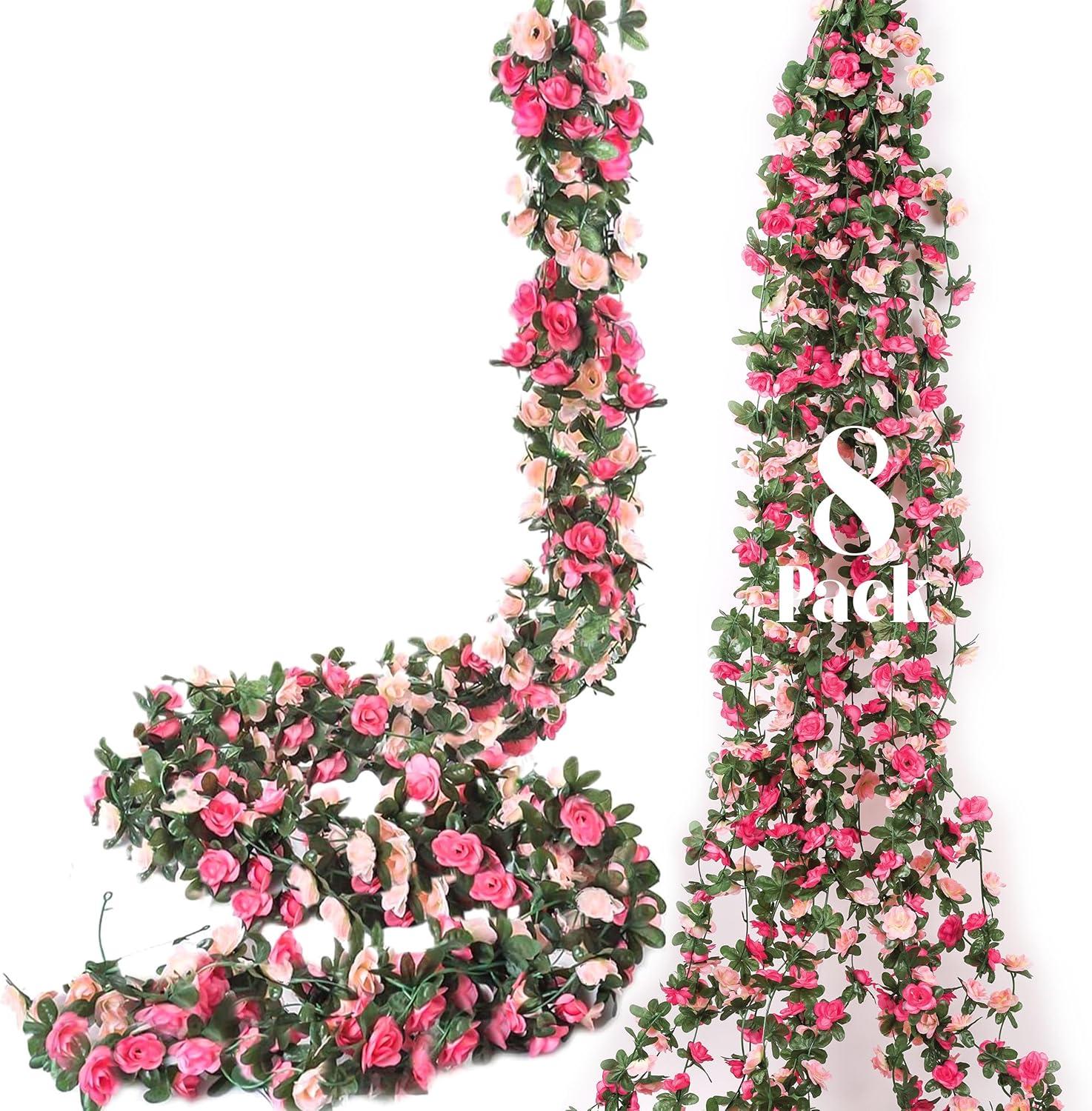 Miracliy 8Pcs 66FT Pink Flower Garland, Artificial Rose Floral Vines Fake Hanging Spring Flower Garland for Wall Backdrop Wedding Arch Tea Party Door Mantle Decoration