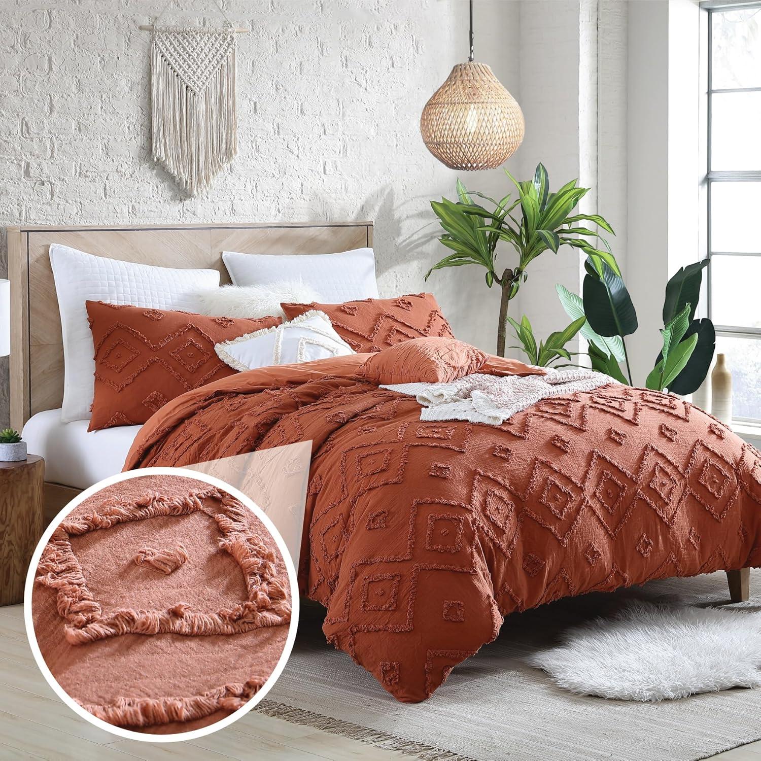 Swift Home Rukai 100% Cotton Diamond Clip Jacquard 3D Fringe Texture 5-Piece Comforter Set