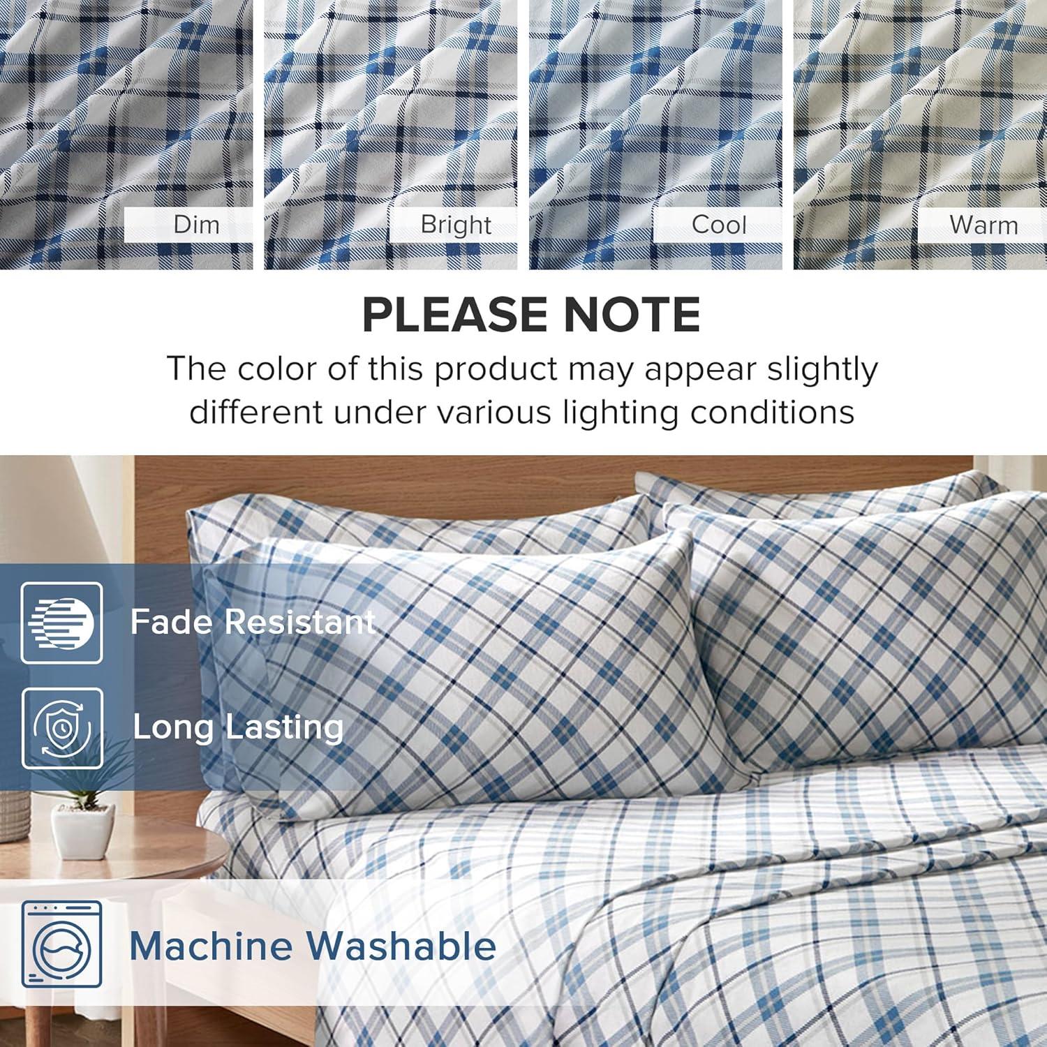 Comfort Spaces King Sheet Set, Flannel Bed Sheets King, 100% Cotton Bed Sheets Set with Deep Pocket, 4-Piece Plaid Blue