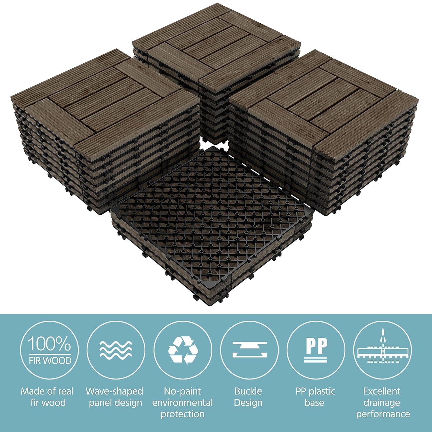 Topeakmart 27PCS Patio Deck Tiles Interlocking Wood Decking Floor Tiles 12 x 12in Black for Outdoor & Indoor Patio Garden Deck Poolside