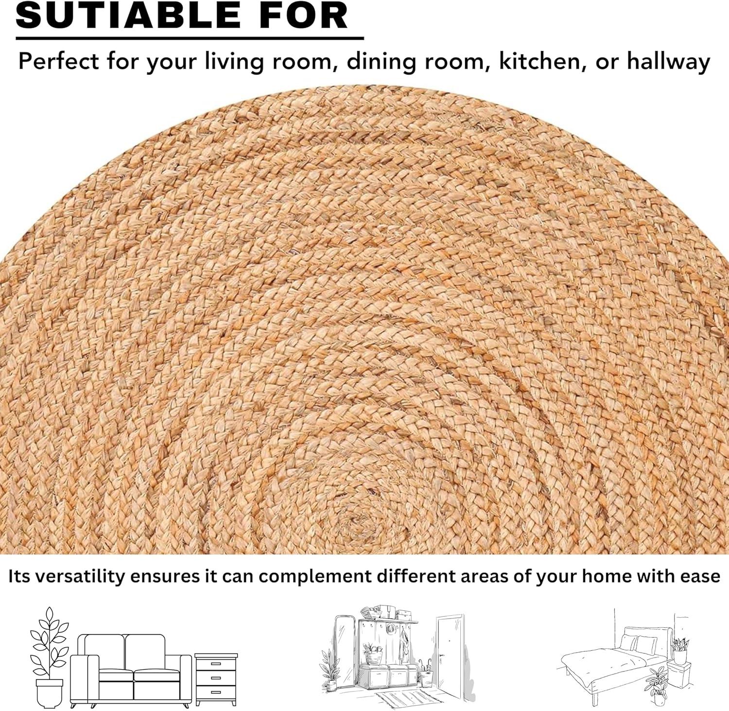 Nuloom 4 Round Rigo Jute Hand Woven Indoor Area Rug, Natural, Solid Farmhouse Design, Natural Fiber Bedroom, Living Room, Kitchen,