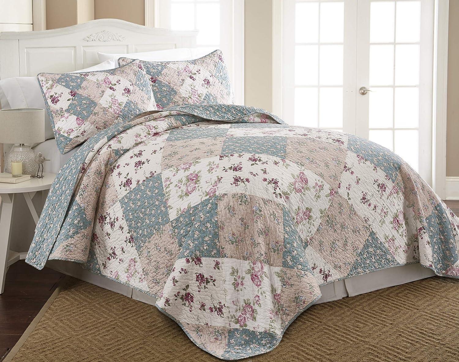 Chezmoi Collection Jolie 3-Piece Pre-Washed 100%-Cotton Real Patchwork Quilt Set, Reversible Diamond Garden Floral Quilted Bedspread