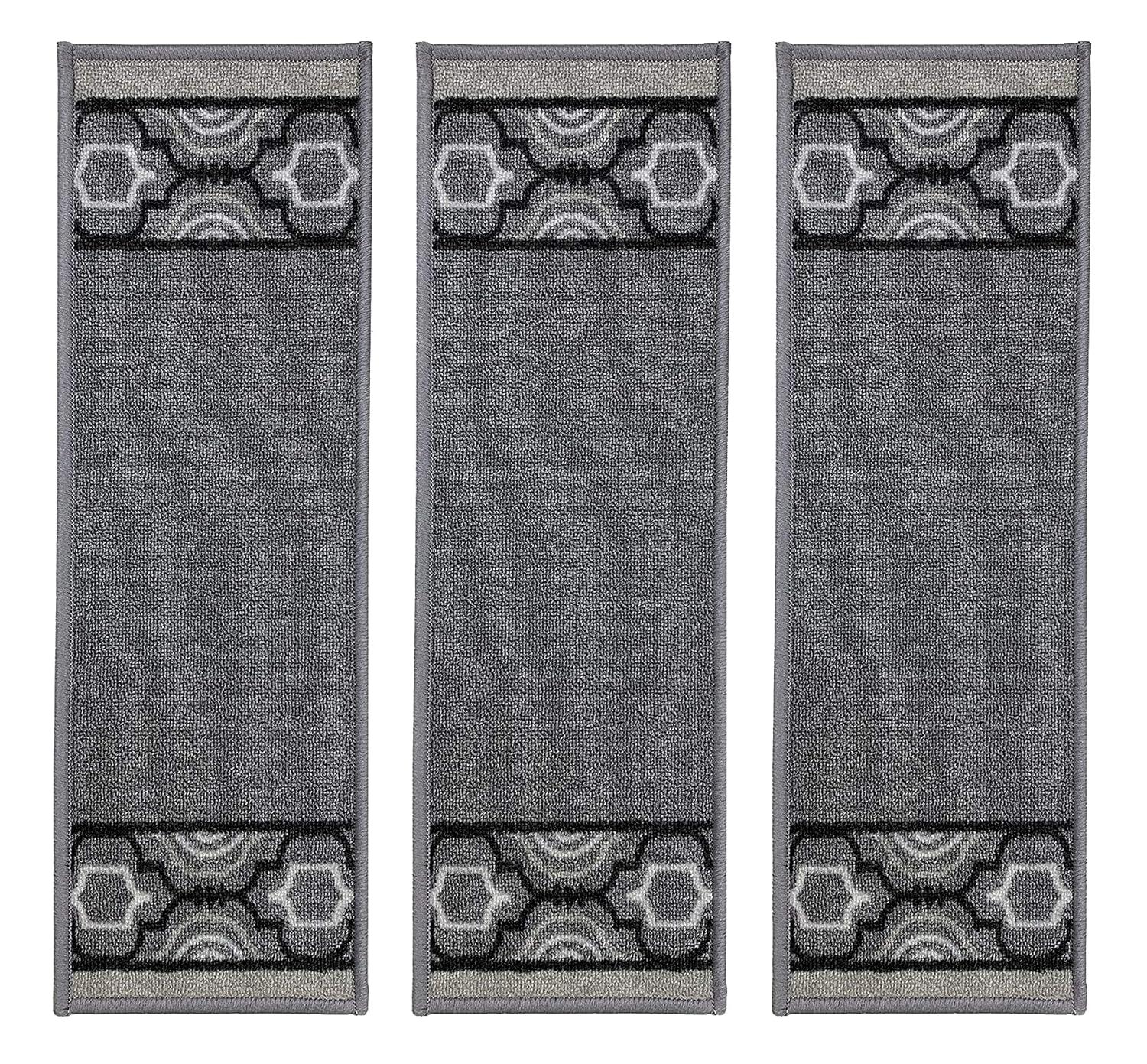 Stair Treads Skid Slip Resistant Backing Indoor Carpet Stair Treads Trellis Border Design 8 ½ inch x 26 ¼ inch (Set of 3, Grey Black)