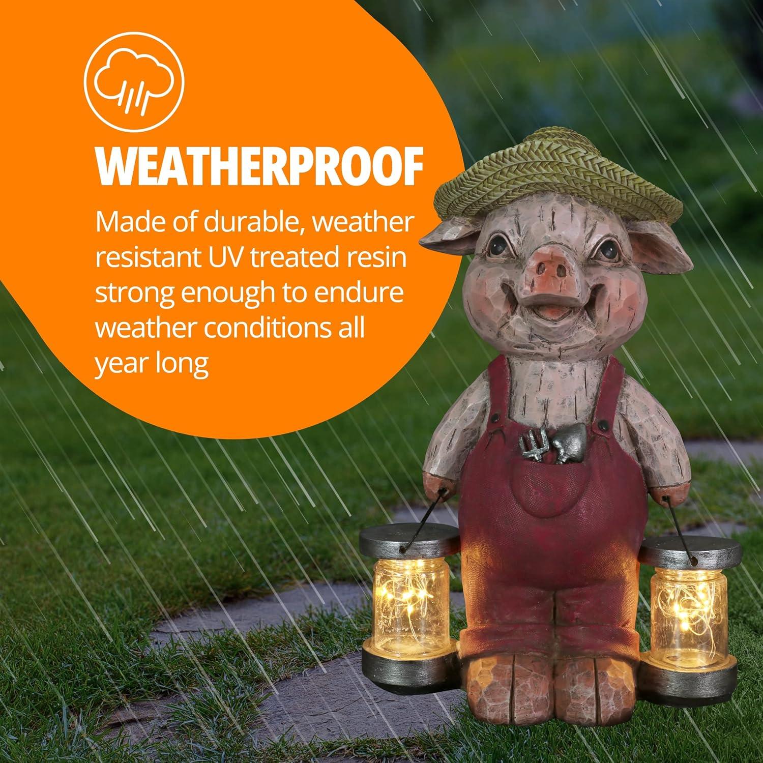 Rustic Farmhouse Pig Garden Statue with Solar LED Lights