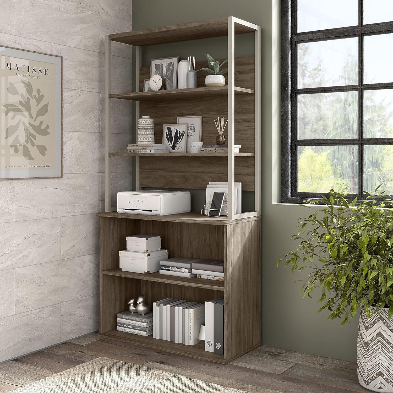 Modern Hickory Adjustable 4-Shelf Tall Etagere Bookcase