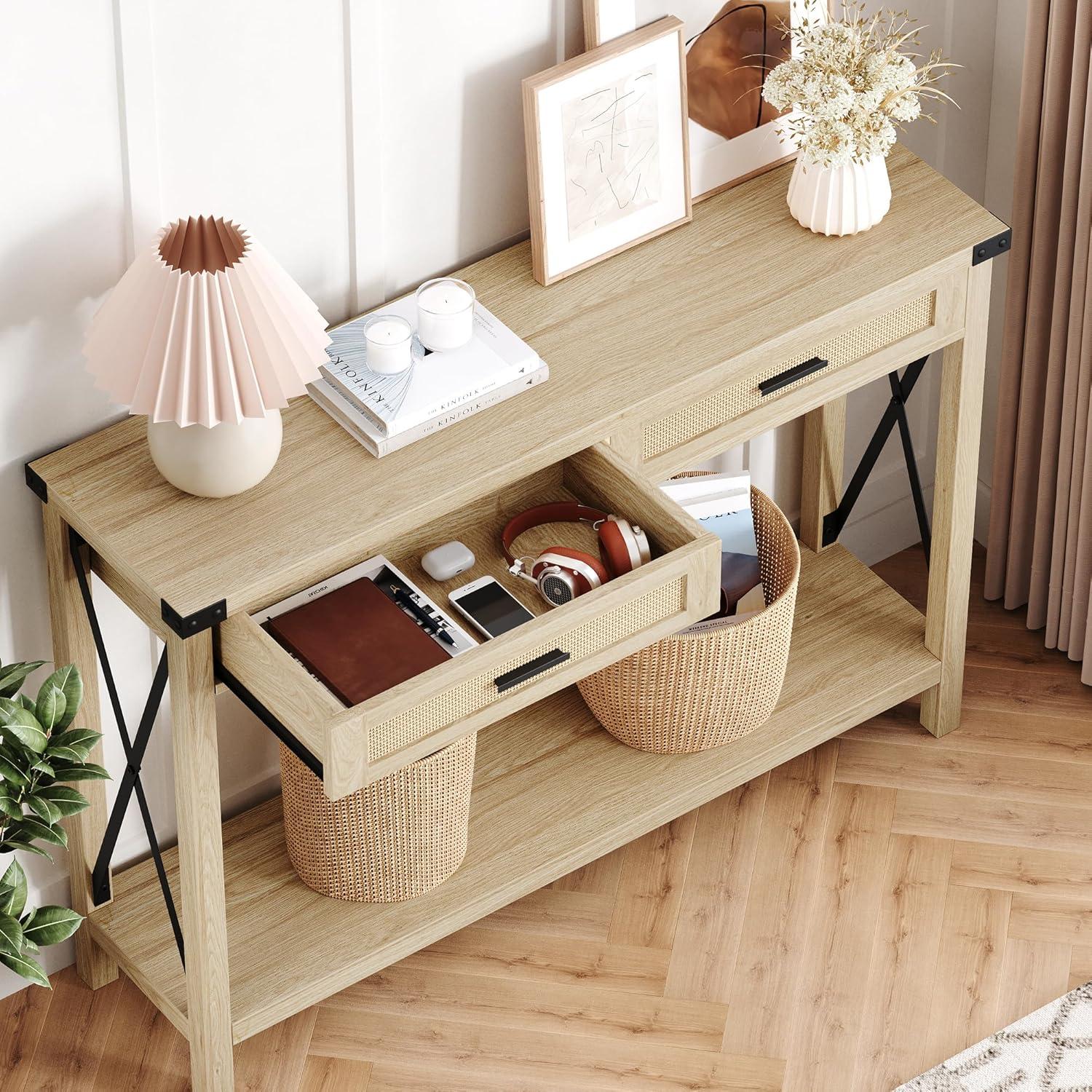 Boho Entryway Table with Rattan Drawers, Console Table for Entryway, 43" Wood Sofa Table with Storage for Living Room, Hallway, Foyer