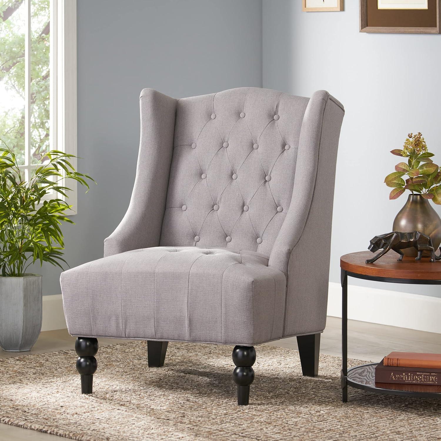 Light Gray Upholstered Wingback Club Chair with Birch Wood Legs