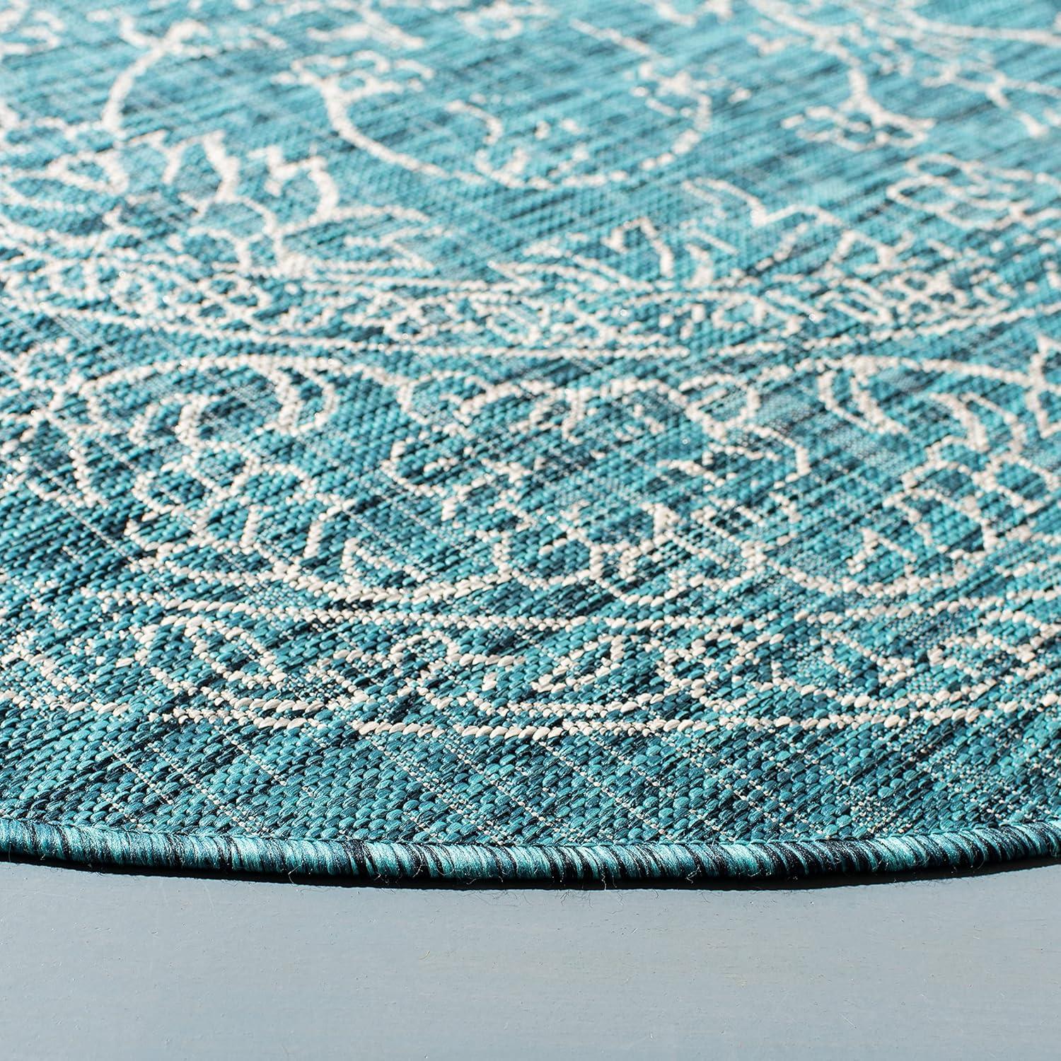 SAFAVIEH Courtyard Darin Botanical Indoor/Outdoor Area Rug, Turquoise, 6'7" x 6'7" Round