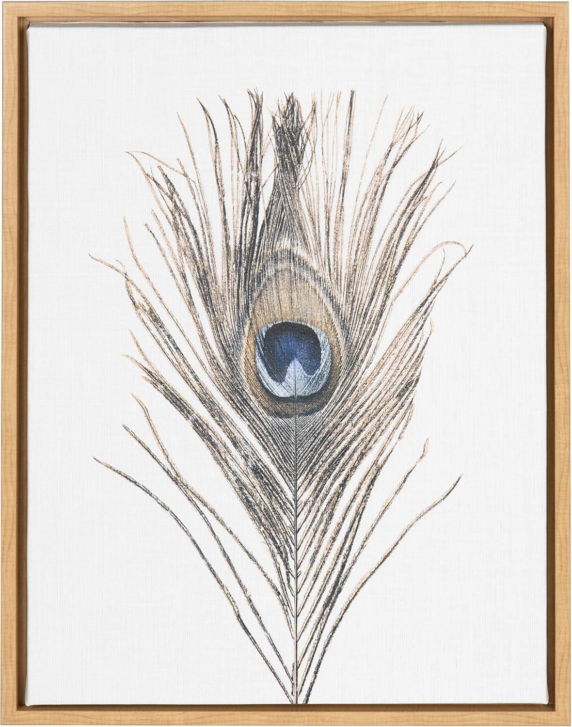 Natural Wood Framed Peacock Feather Canvas Wall Art