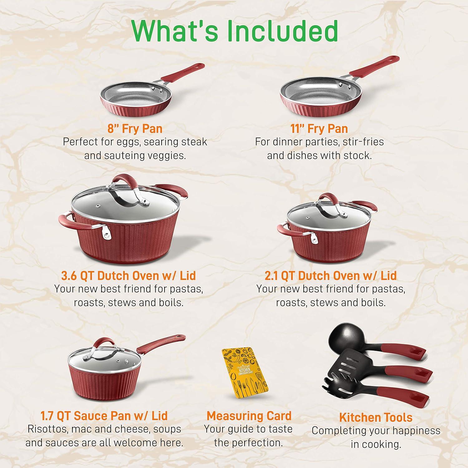 NutriChef Kitchenware Pots & Pans - Stylish Kitchen Cookware Set with Elegant Lines Pattern, Gray Inside & Red Outside, Non-Stick