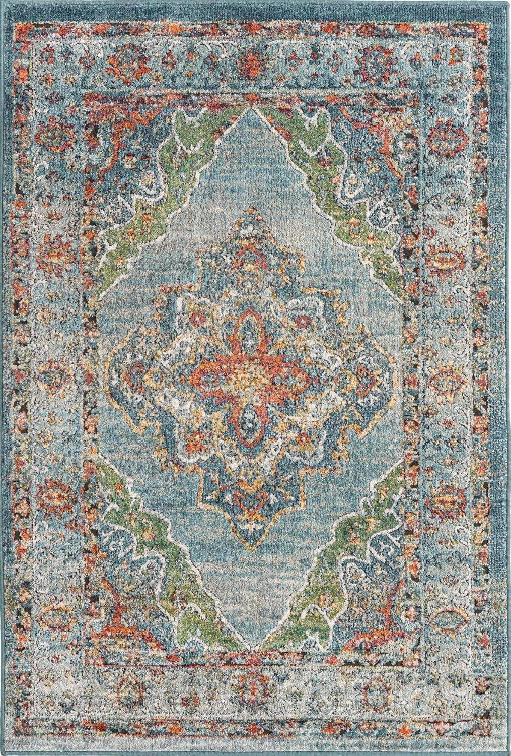 Isabella 4' x 6' Blue Floral Easy-Care Synthetic Area Rug