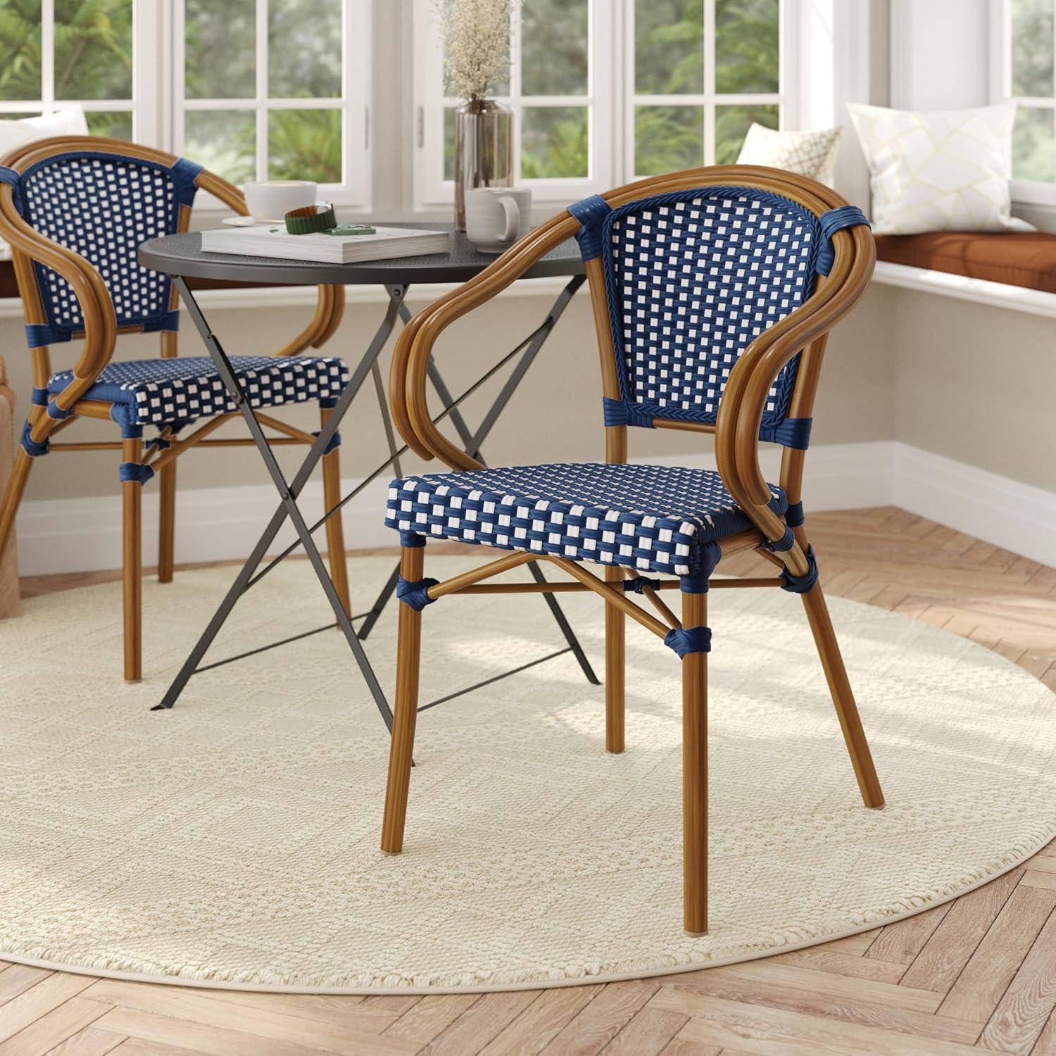 Flash Furniture 4 PK Bordeaux Indoor/Outdoor Commercial Bistro Stacking Chair w/ Arms, Navy & White PE Rattan & Bamboo Print Aluminum Frame in Natural