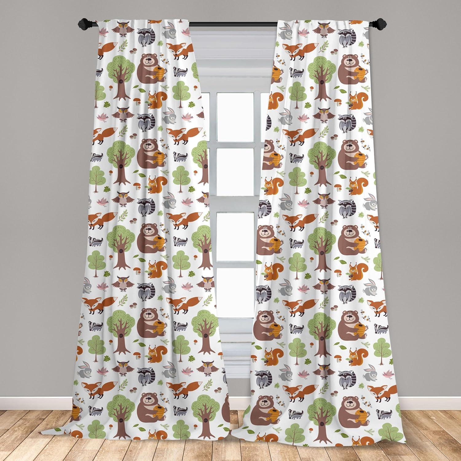 Ambesonne Forest Curtains, Doodle Woodland Animals, Pair of 28"x95", Multicolor
