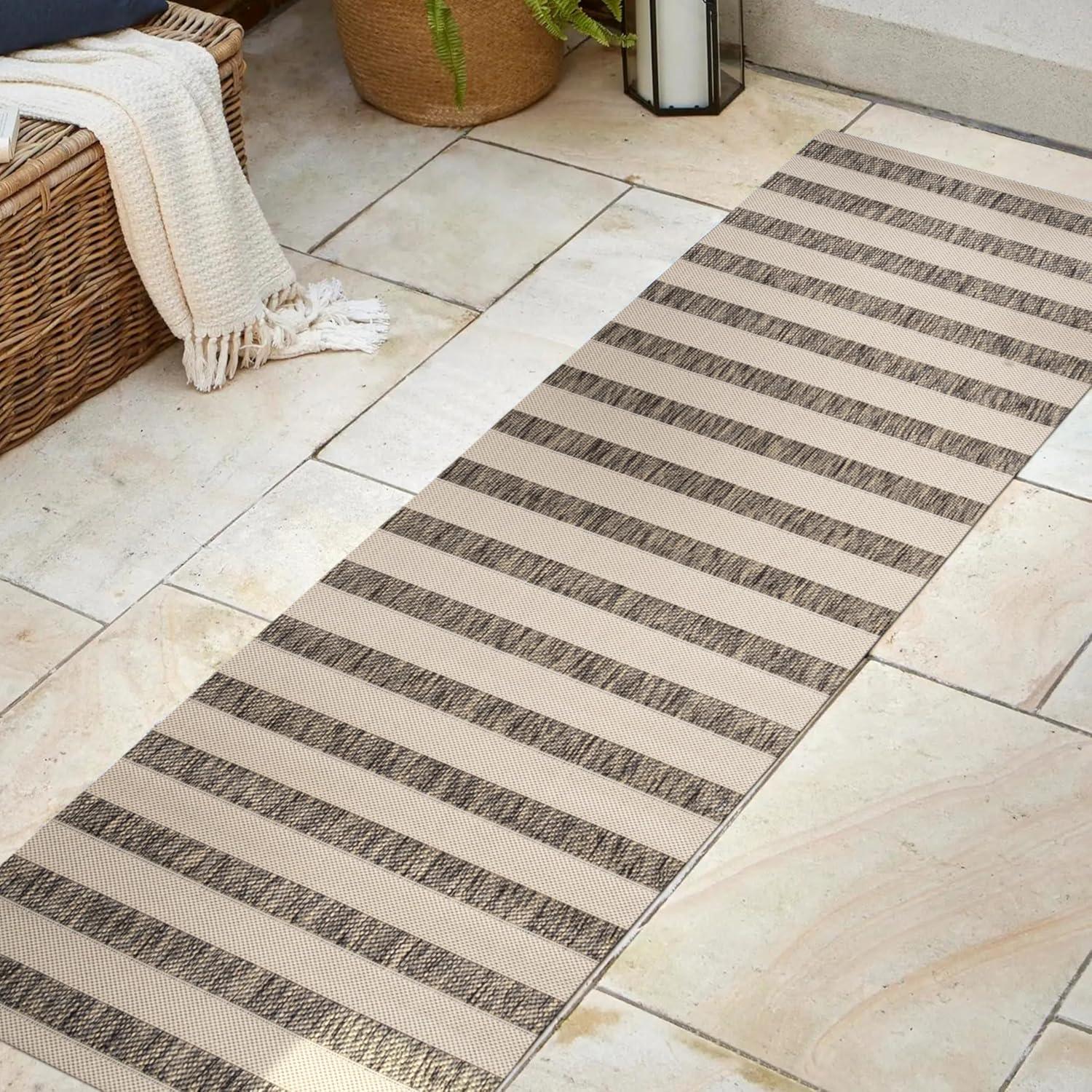 2'x8' Aveiro Wide Stripe Indoor/Outdoor Runner Rug, Beige/Brown - JONATHAN Y