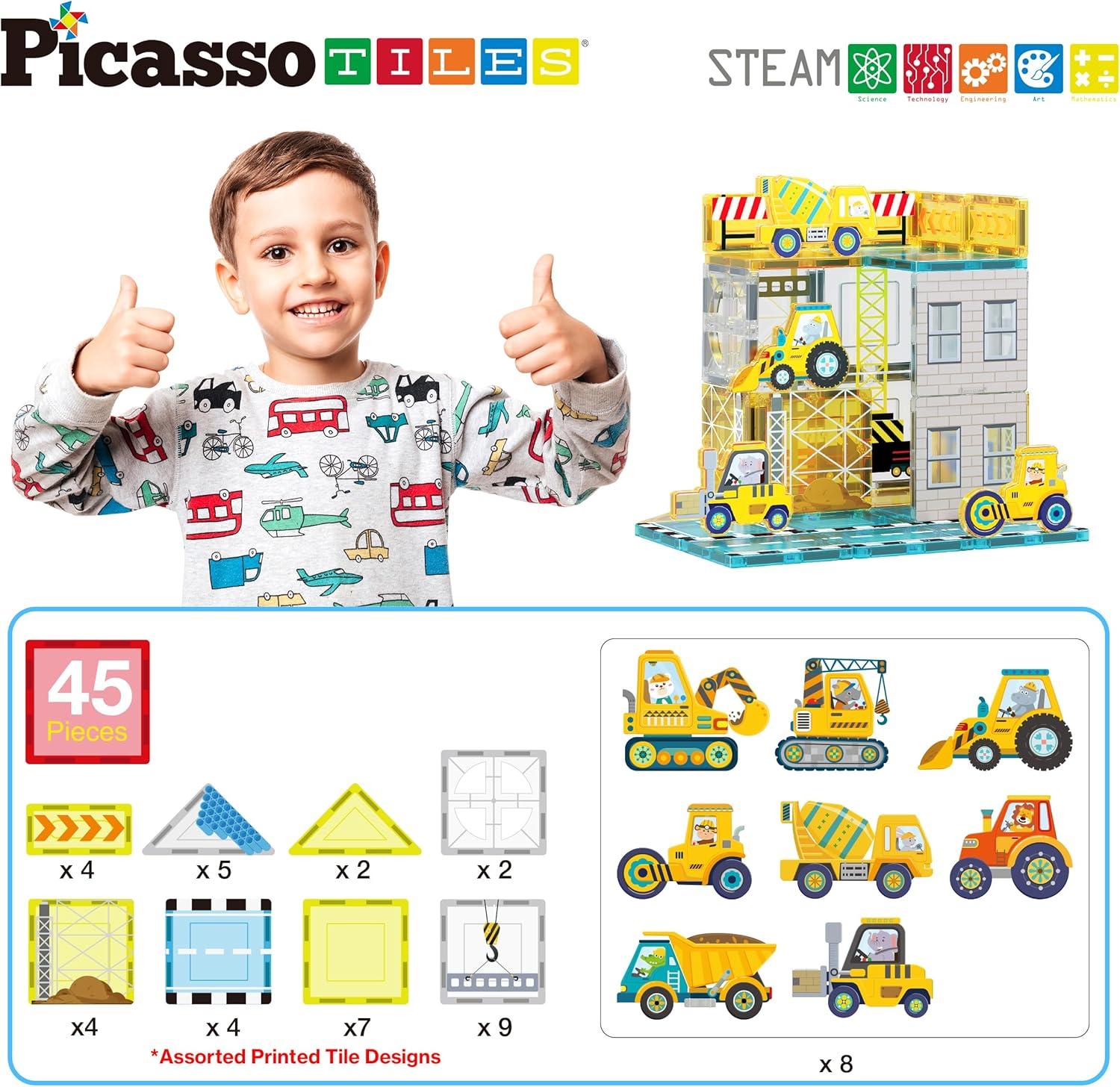 Picasso-TILES 45 PC Construction Themed, Magnetic Tiles, Magnetic Building Blocks for Kids, Magnet for Kids 3+