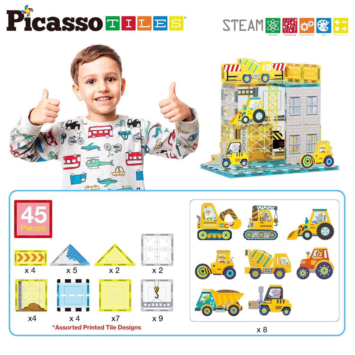 Picasso-TILES 45 PC Construction Themed, Magnetic Tiles, Magnetic Building Blocks for Kids, Magnet for Kids 3+