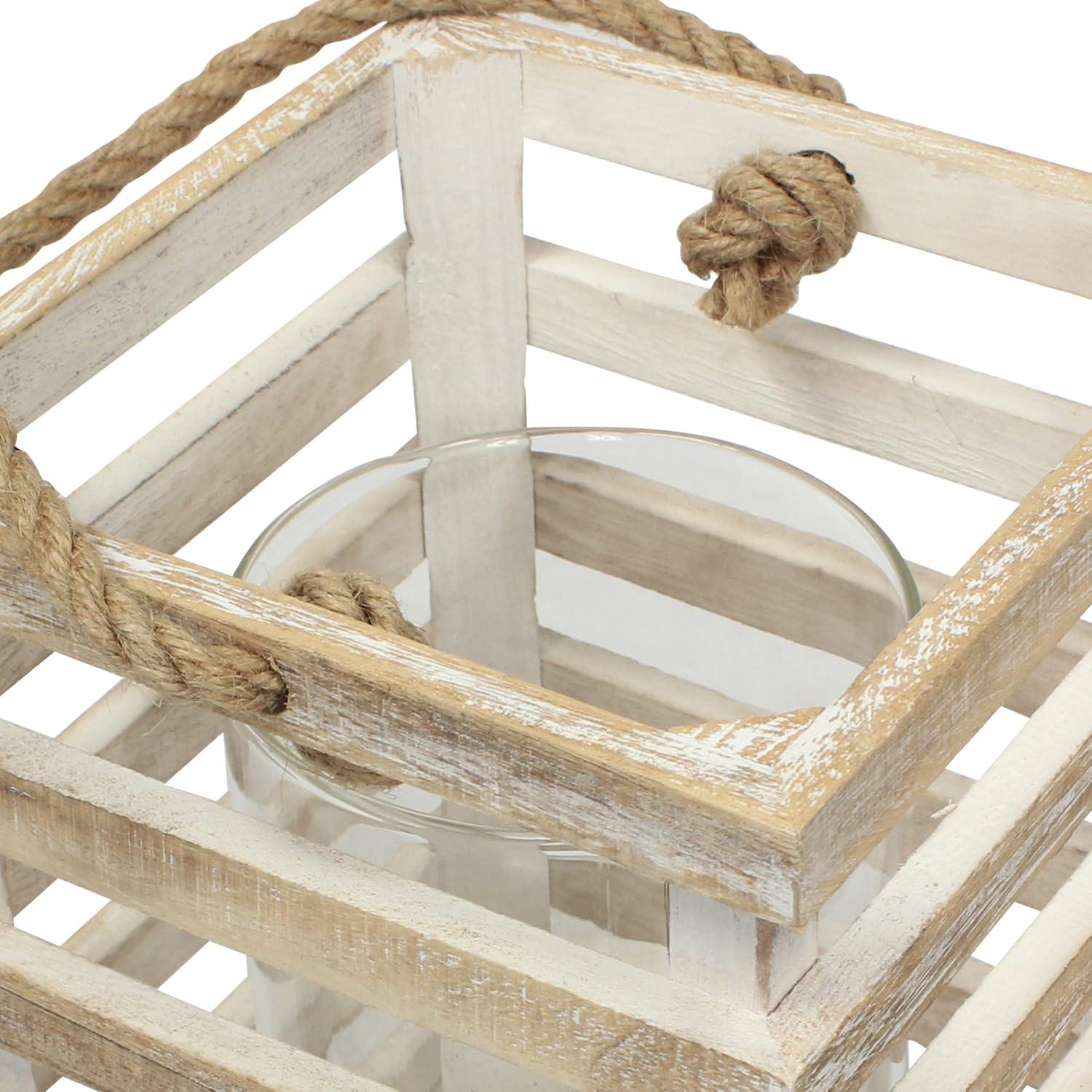 Stonebriar Indoor 8" Coastal Wood Candle Holder with Removable Glass Cylinder, Off-White